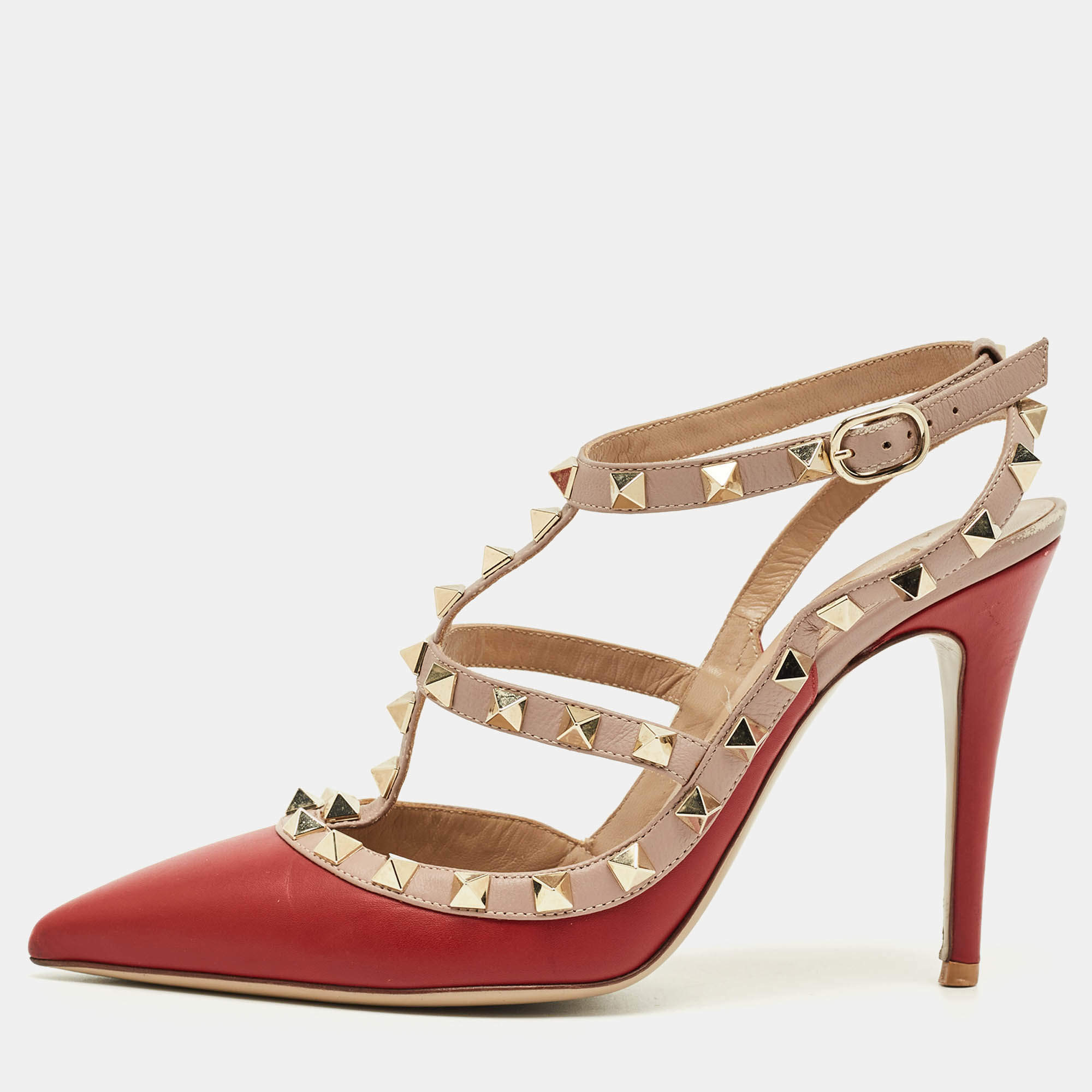 Pre Owned Valentino Red/Pink Leather Rockstud Ankle Strap Pumps Size 37