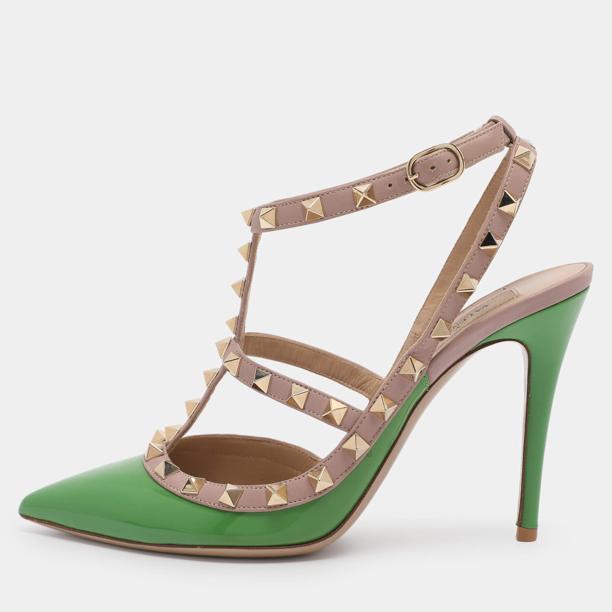 Pre Owned Valentino Green/Beige Patent Leather Rockstud Ankle Strap Pumps Size 38.5
