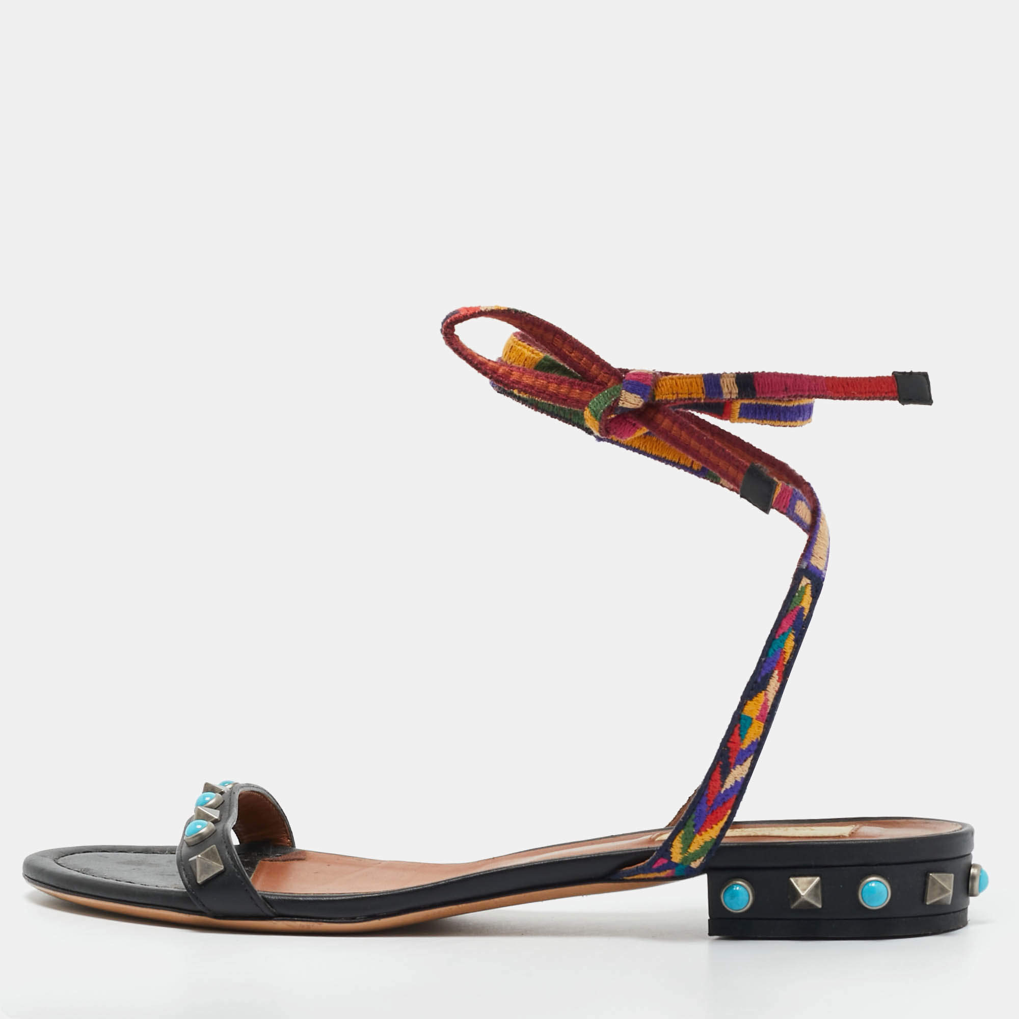 Pre Owned Valentino Black Leather Rolling Rockstud Ankle Wrap Flat Sandals Size 38.5