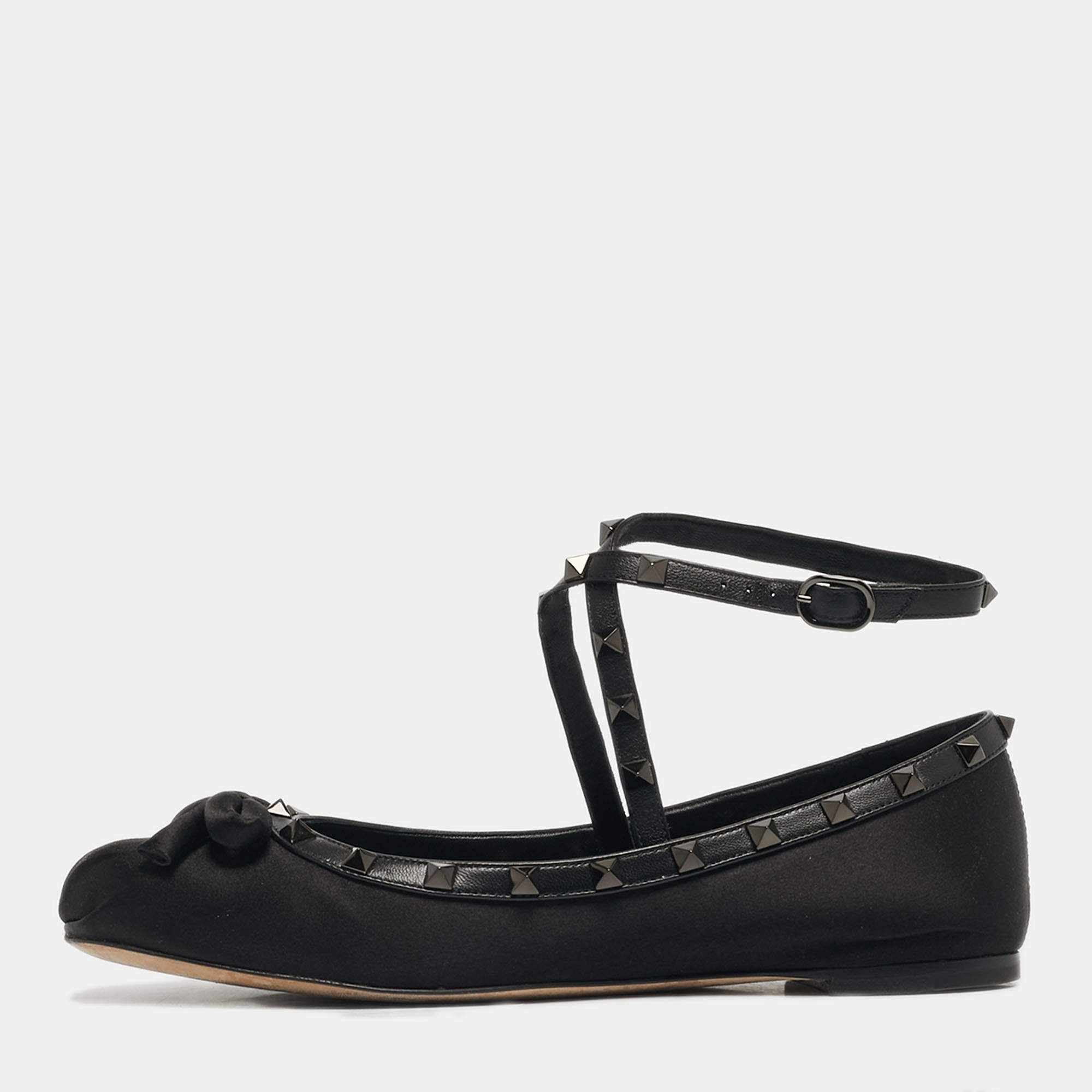 Pre Owned Valentino Black Satin Rockstud Bow Ballet Flats Size 40.5