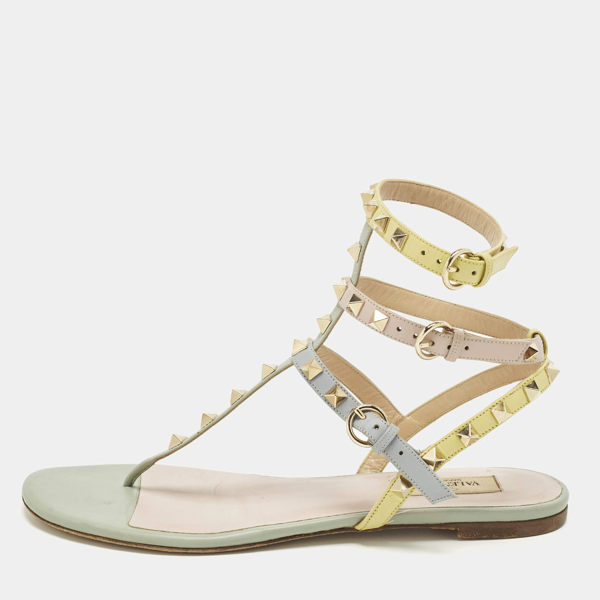 Pre Owned Valentino Rockstud Size 39 Multicolor Leather Ankle Strap Sandals