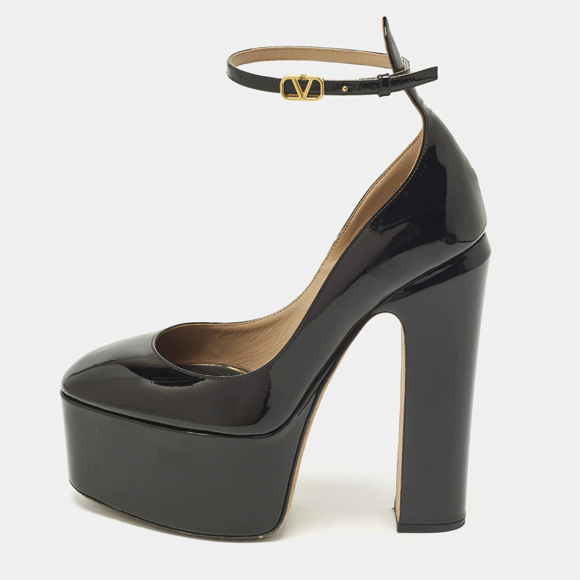 Pre Owned Valentino Tan-Go Size 38 Black Patent Leather Platform Ankle Strap Pumps