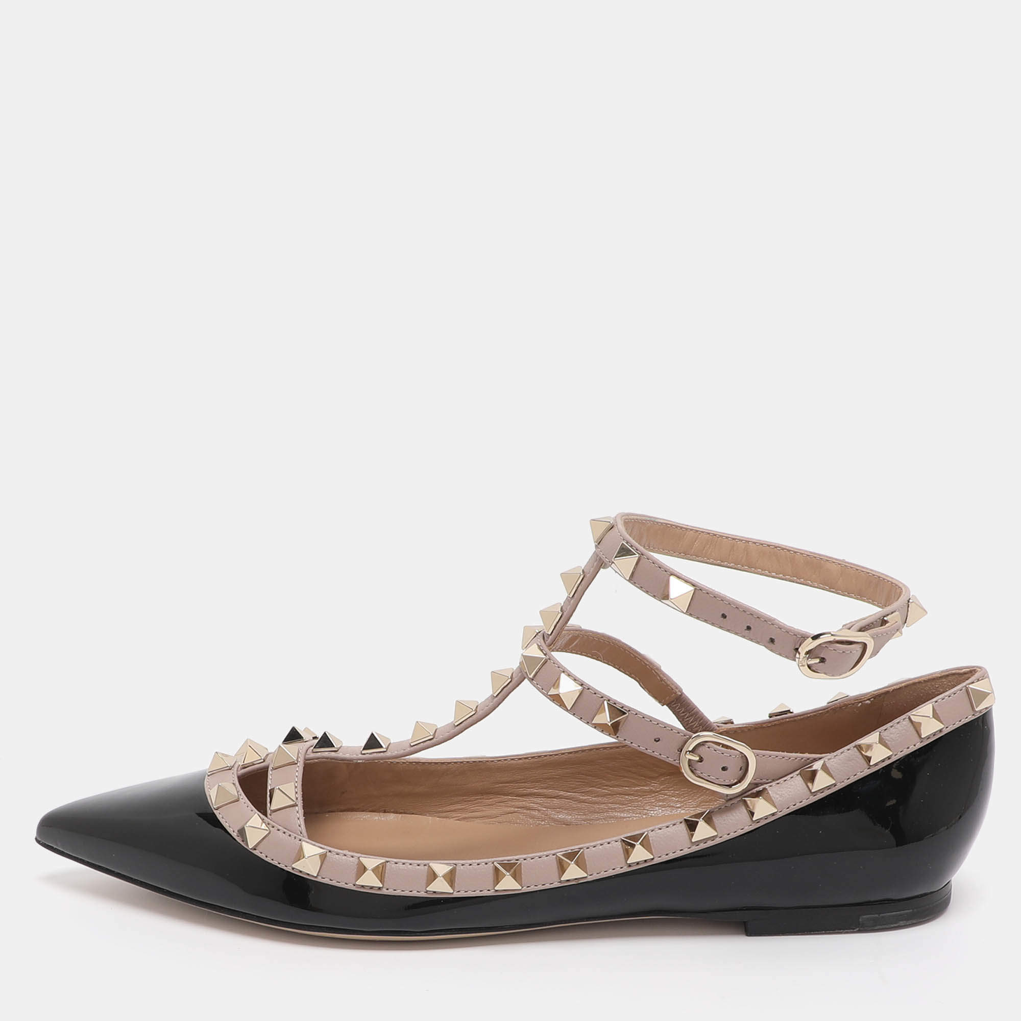 مملوكة مسبقًا Valentino Rockstud Size 39.5 Black/Beige Patent and Leather Ankle Strap Ballet Flats