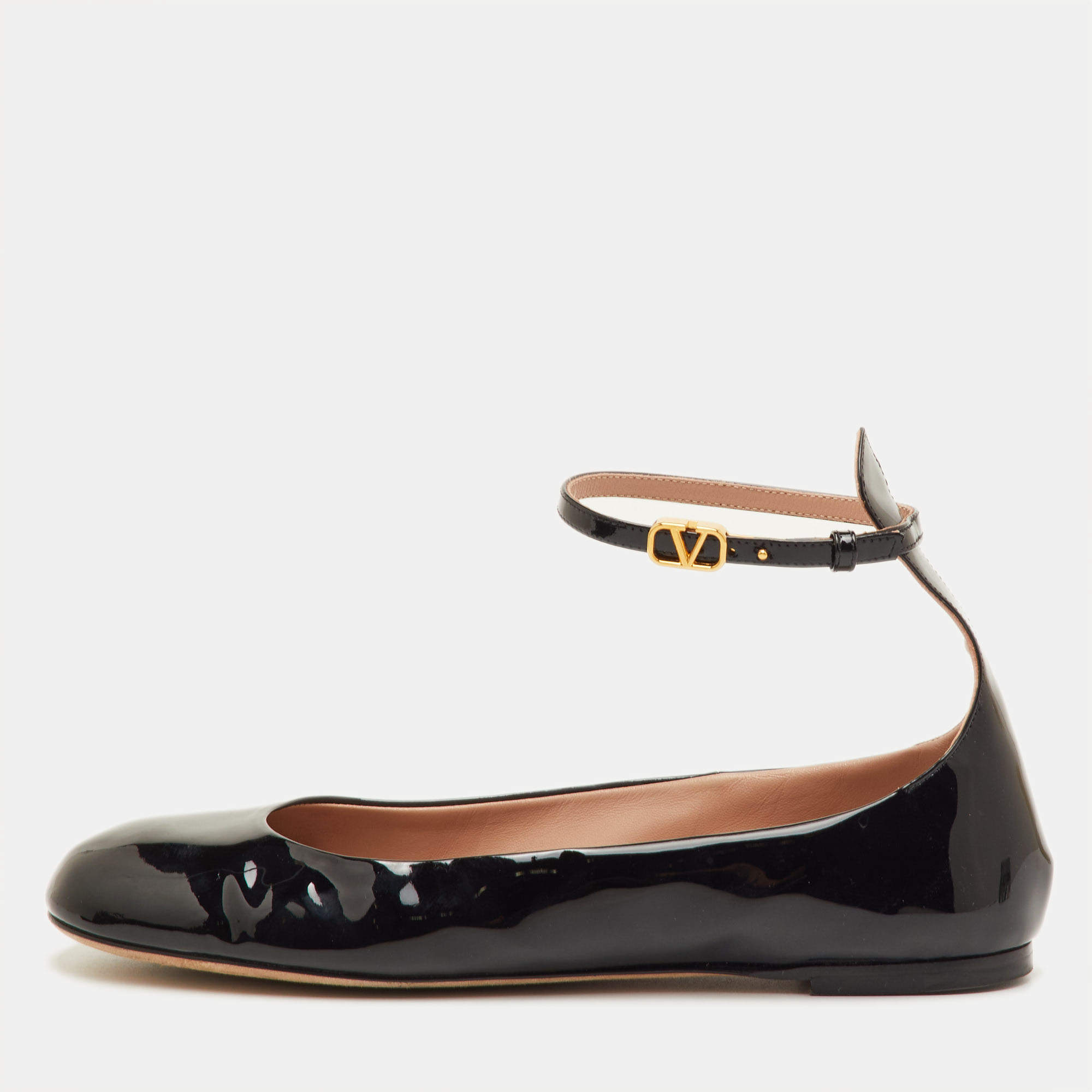 Pre Owned Valentino Tan-Go Size 39.5 Black Patent Leather Ankle Strap Ballet Flats