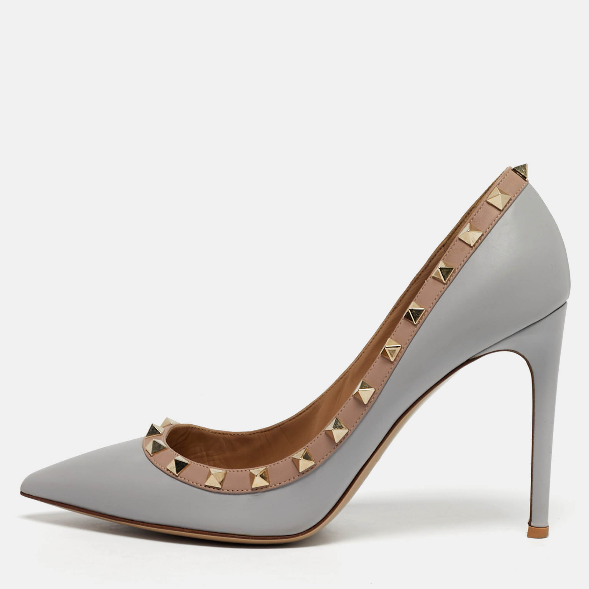 Pre Owned Valentino Rockstud Size 38.5 Grey/Beige Leather Pumps