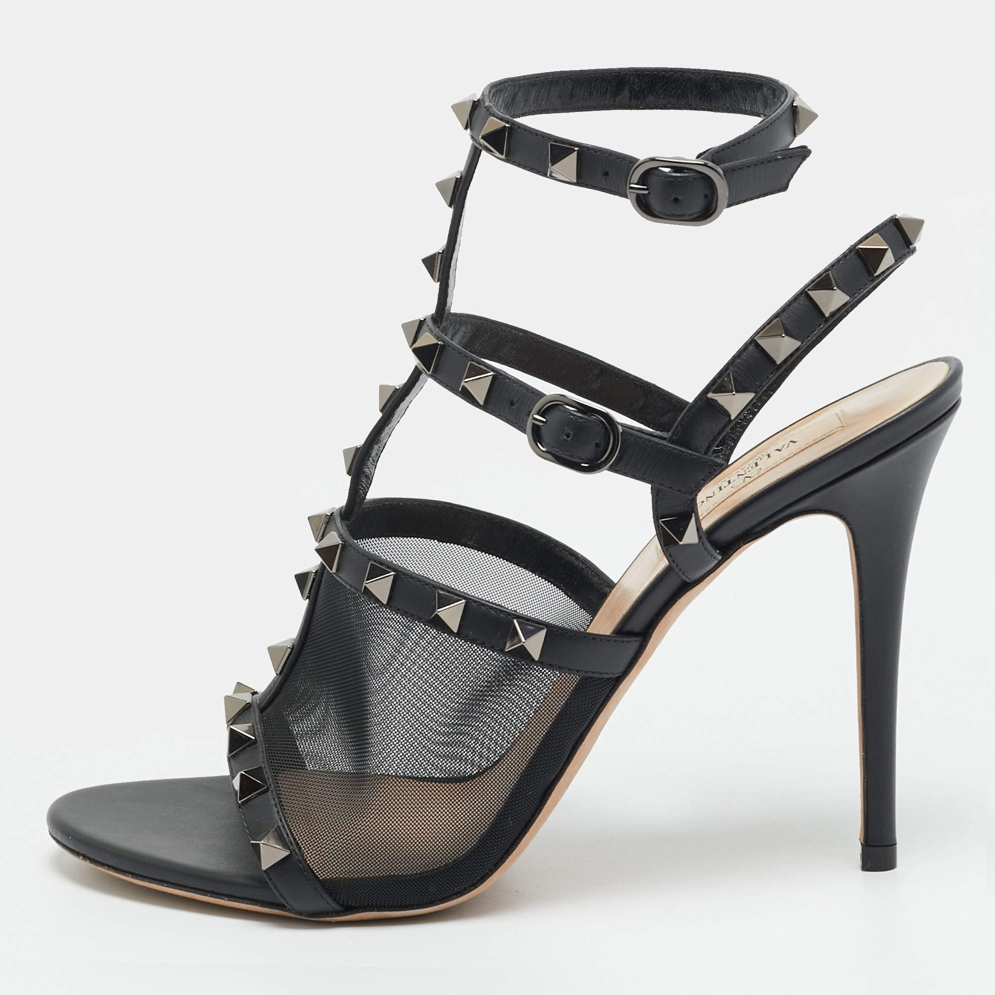 Pre Owned Valentino Rockstud Size 39 Black Leather and Mesh Ankle Strap Sandals