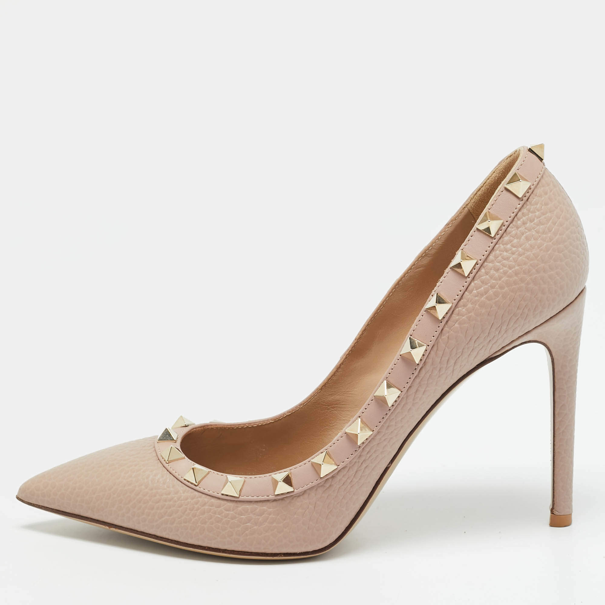 Pre Owned Valentino Rockstud Size 37.5 Beige Leather Pumps