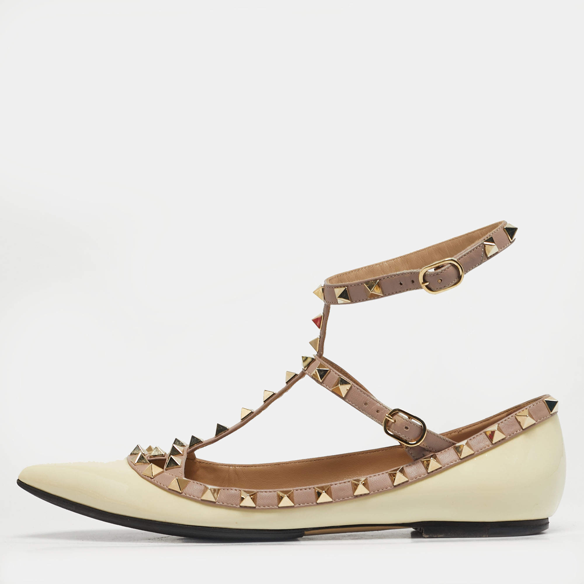 Pre Owned Valentino Rockstud Size 38  Cream/Pink Leather and Patent Leather Ballet Flats