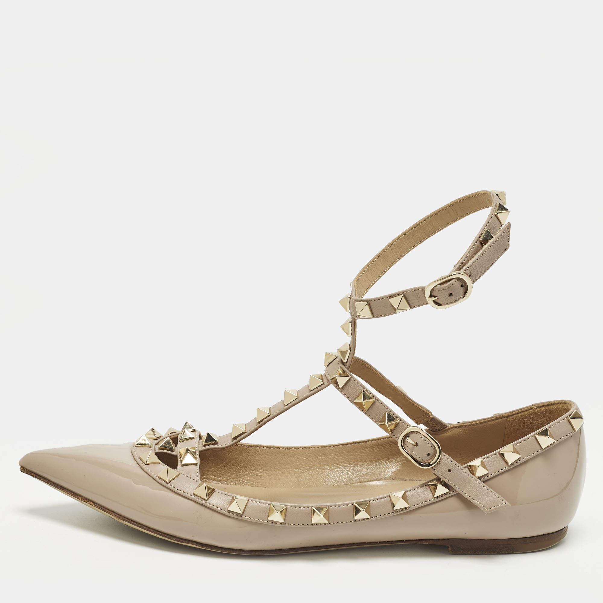 Pre Owned Valentino Rockstud Size 39 Beige Leather and Patent Leather Ballet Flats