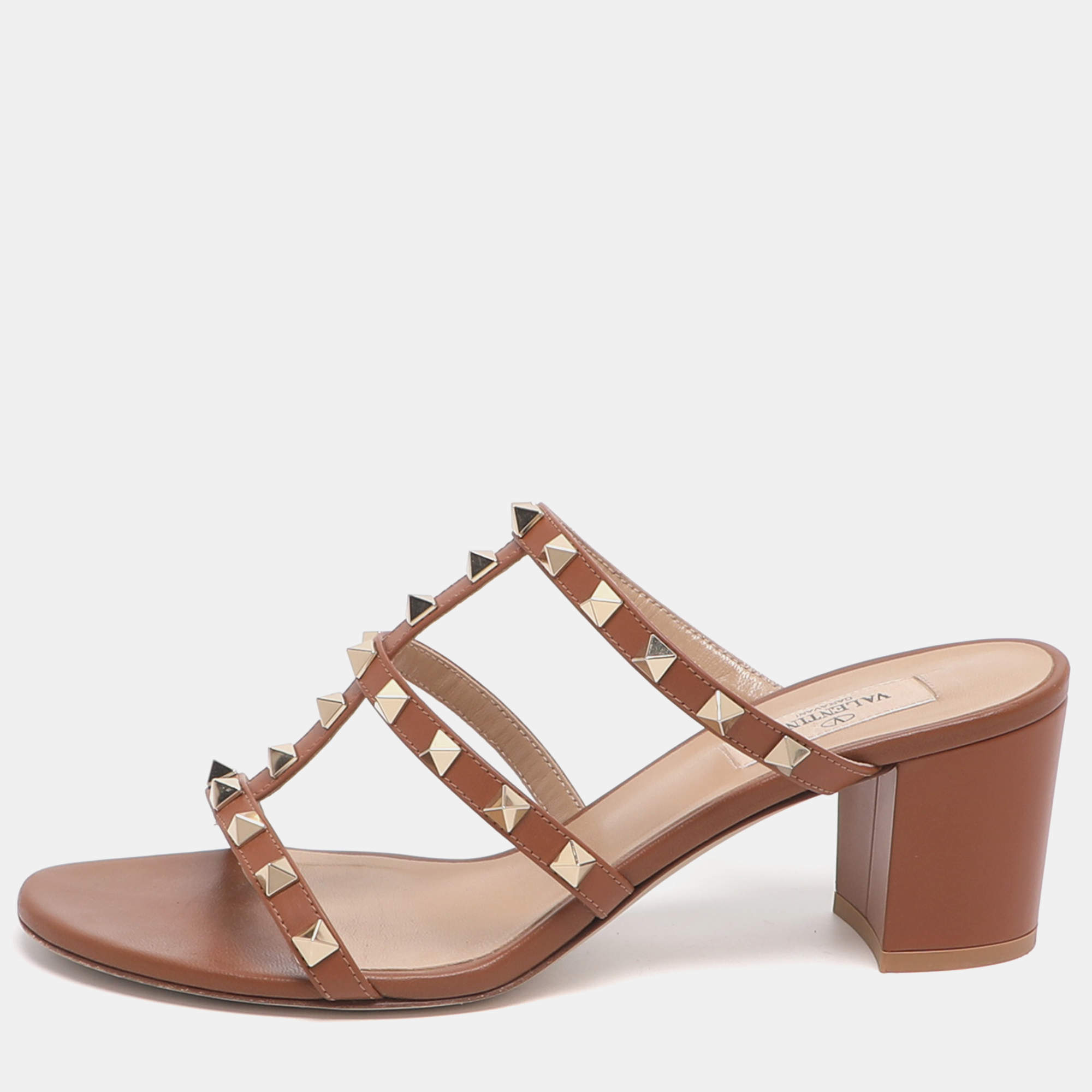 مملوكة مسبقًا Valentino Rockstud Size 39 Brown Leather Slide Sandals