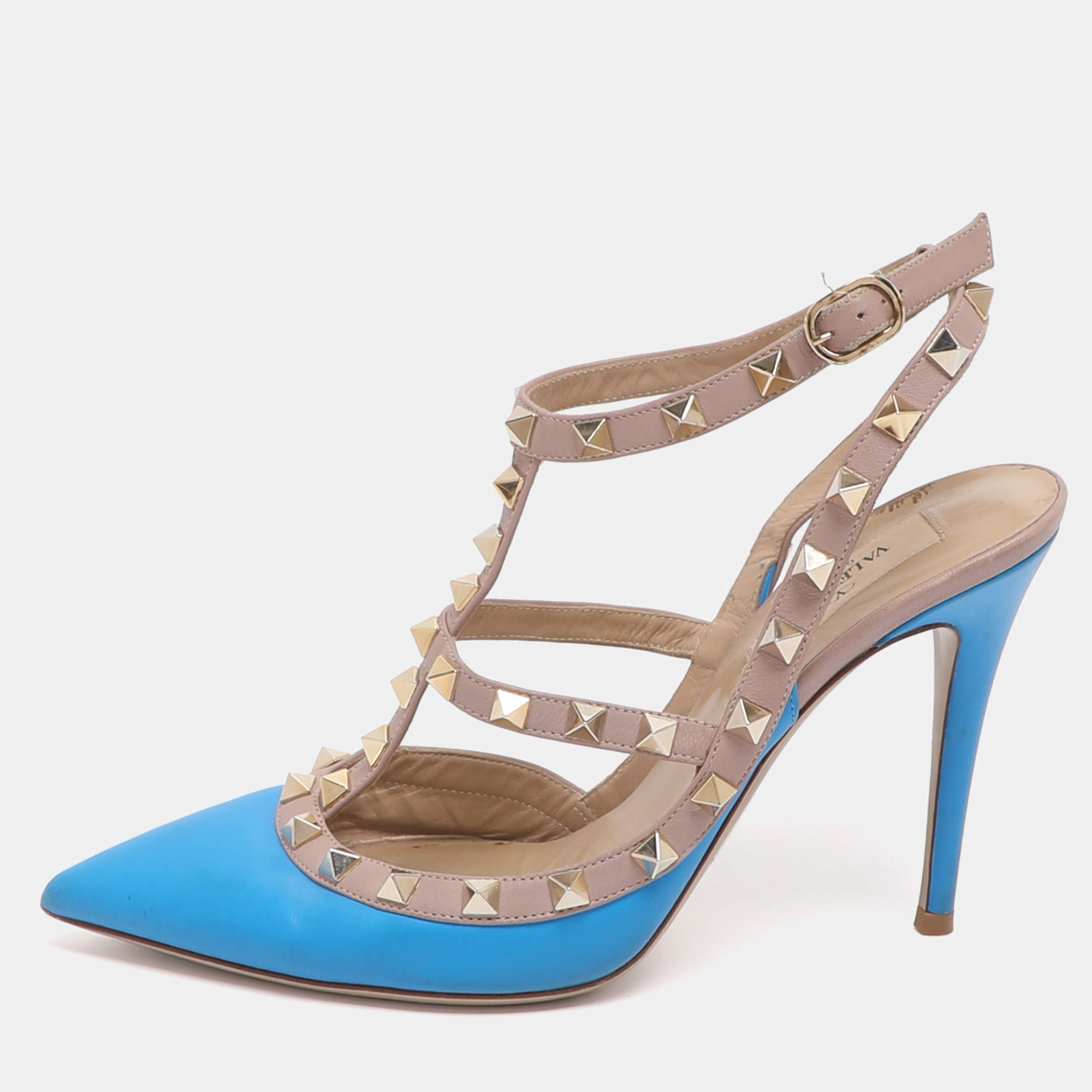 Pre Owned Valentino Rockstud Size 38 Blue/Nude Leather Ankle Strap Pumps