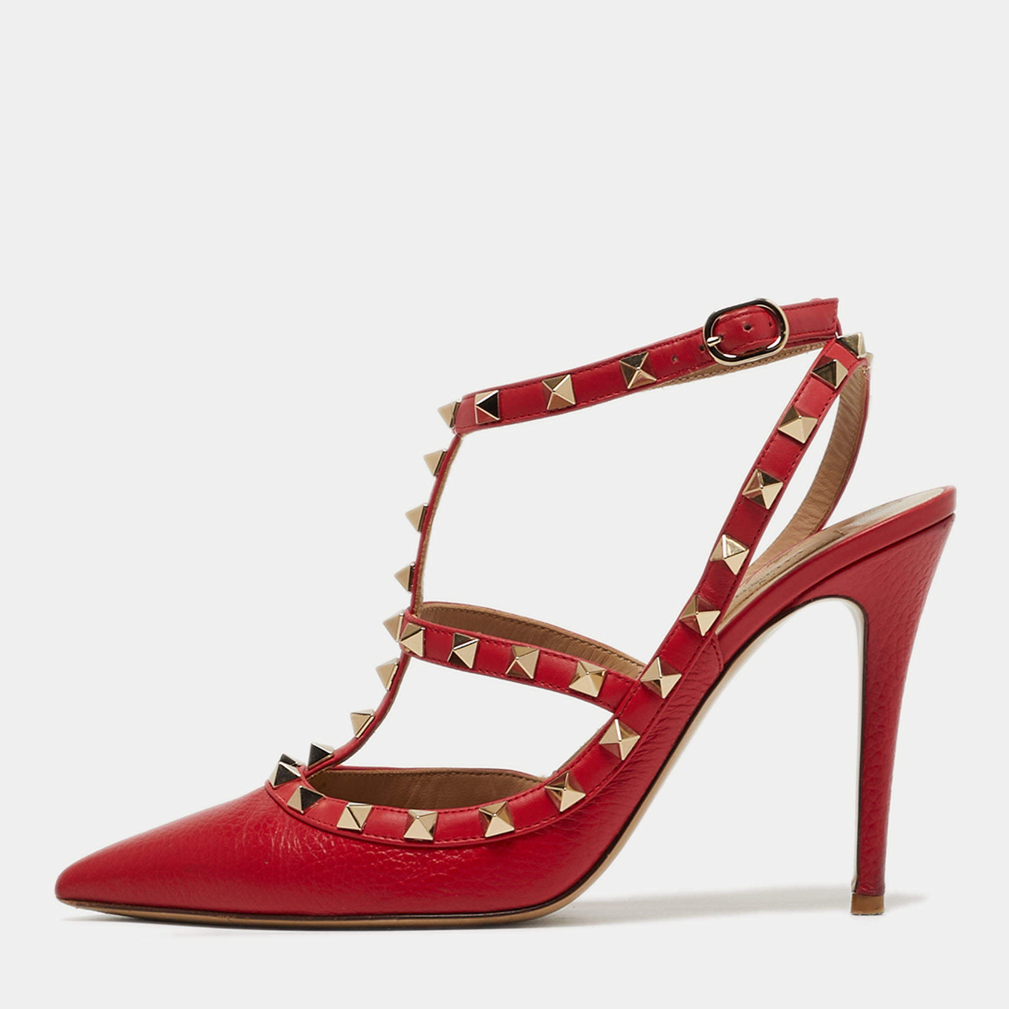 Pre Owned Valentino Rockstud Size 39 Red Leather Ankle Strap Pumps