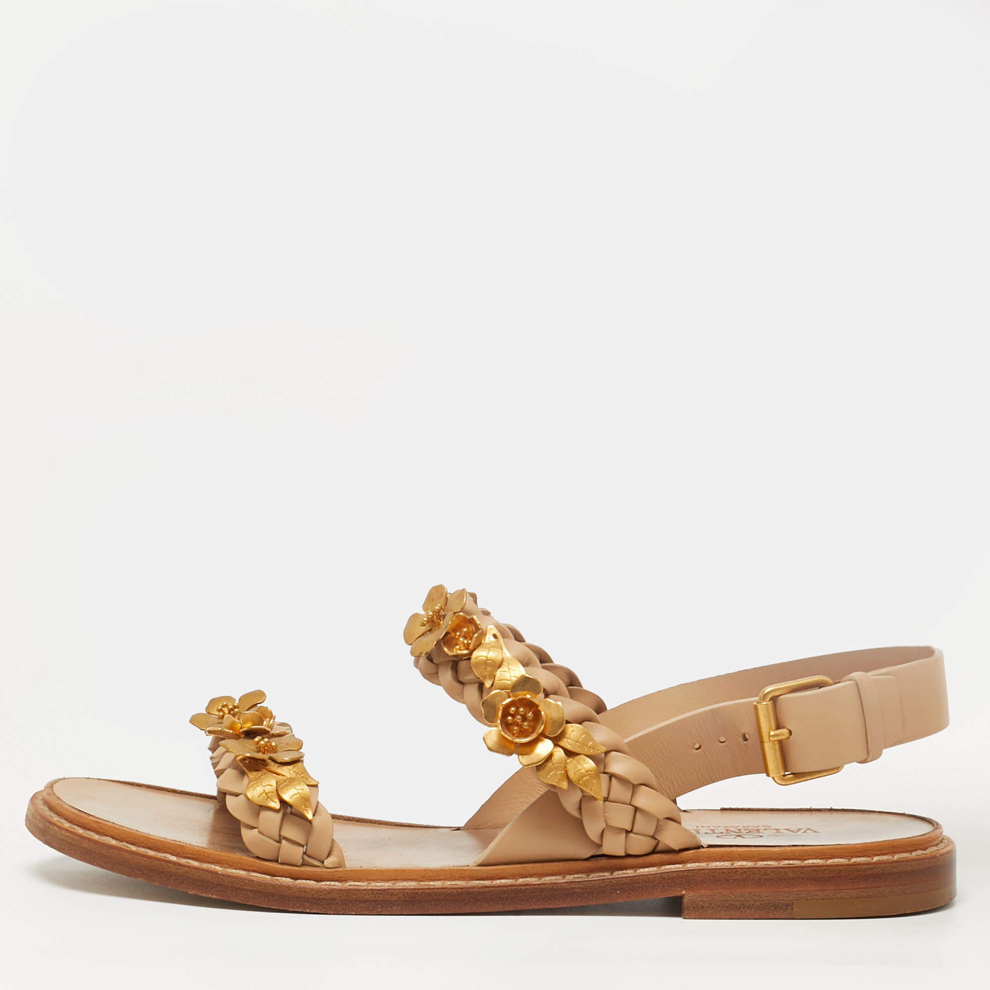 Pre Owned Valentino Ellis Size 37 Beige Leather Floral Embellished  Ankle Strap Sandals