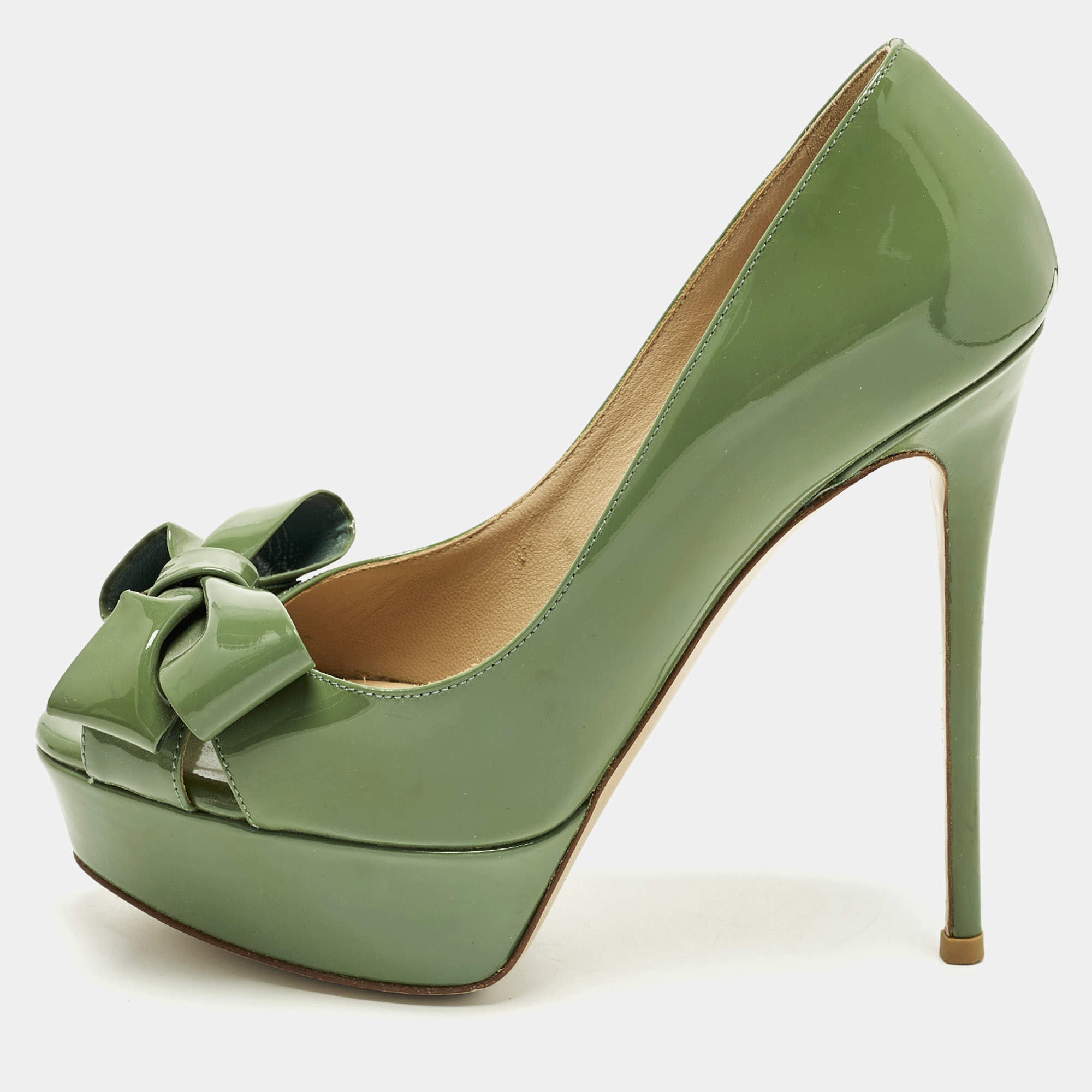 Pre Owned Valentino Couture Size 36.5 Green Patent Leather Bow Peep Toe Platform Pumps