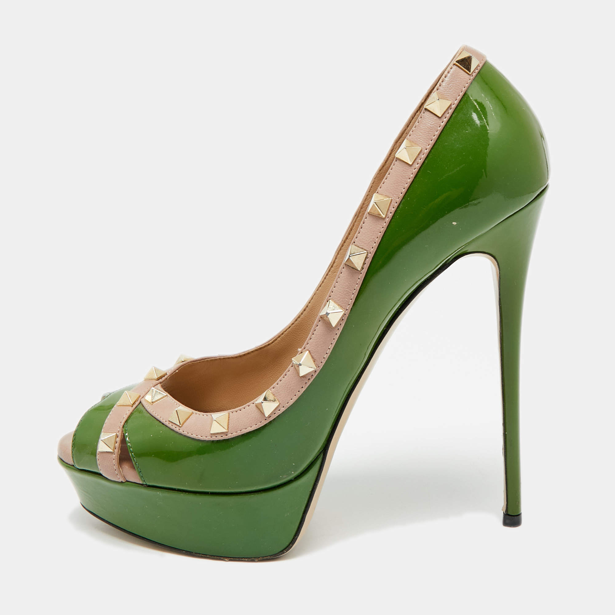 مملوكة مسبقًا حذاء كعب عالي فالنتينو جلد وبراءات أخضر/بيج مقدمة مفتوحة مقاس 41