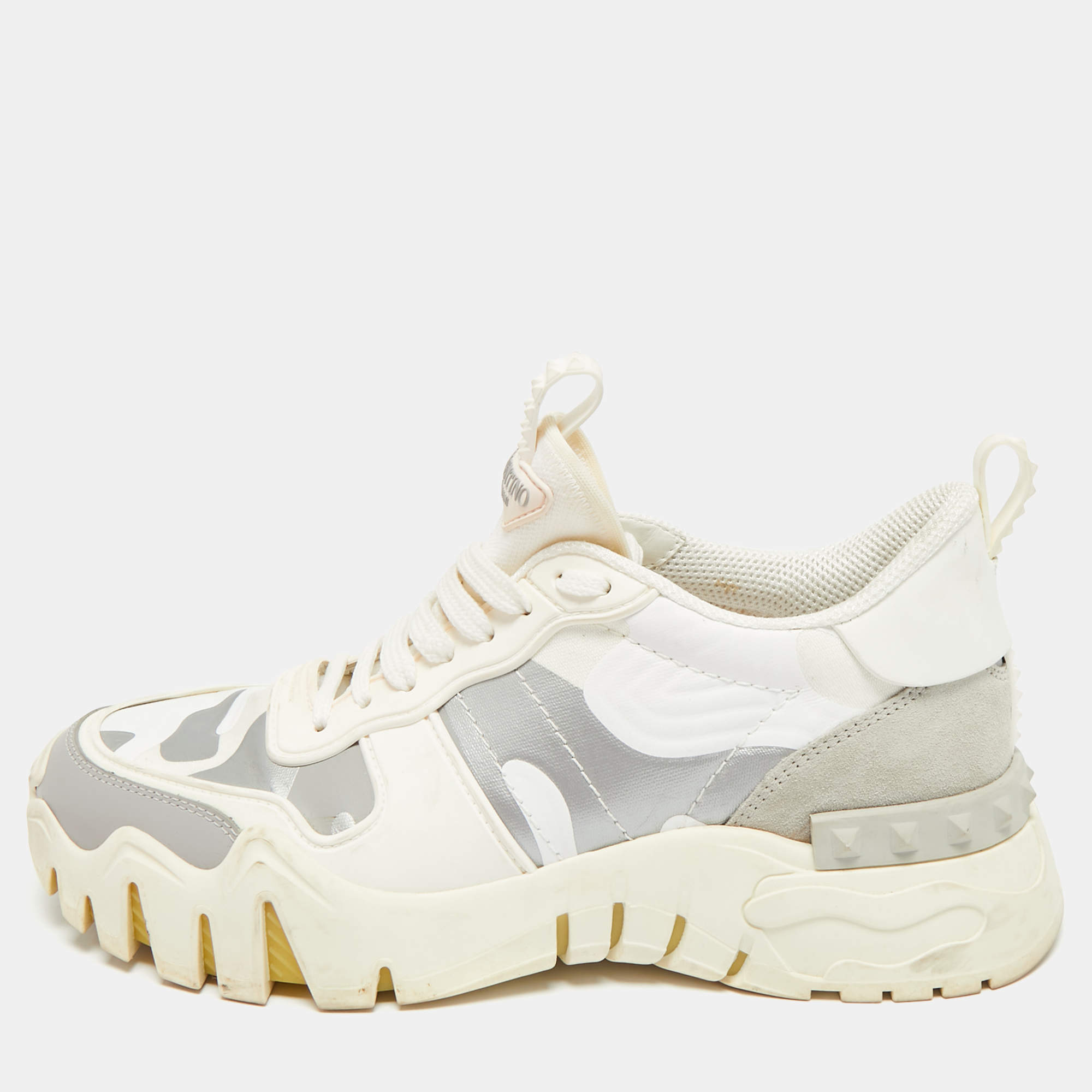 Pre Owned Valentino Rockrunner Size 38 Multicolor Camouflage Canvas and Suede Low Top Sneakers