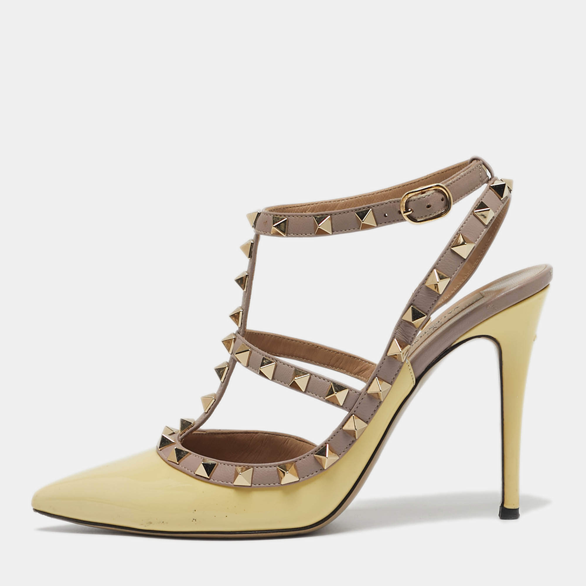Pre Owned Valentino Rockstud Size 38 Yellow Leather and Patent Leather Ankle Strap Pumps
