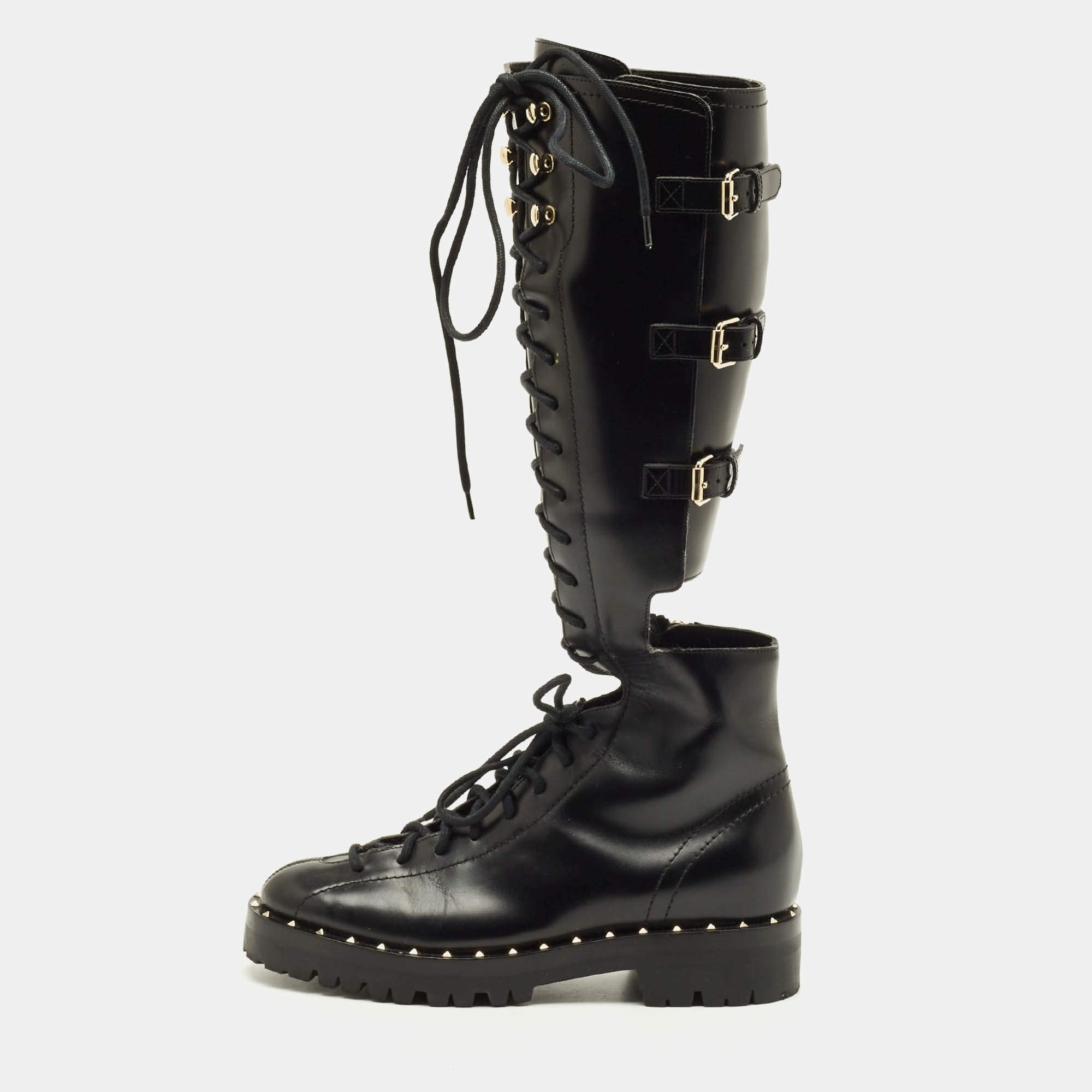 Pre Owned Valentino Soul Rockstud Size 36 Black Leather Knee Length Boots