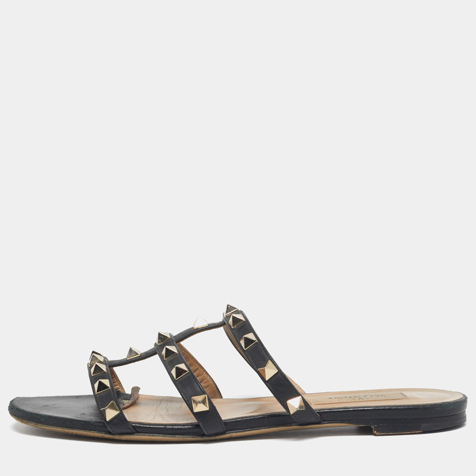 Pre Owned Valentino Rockstud Size 36 Black Leather Flat Slide