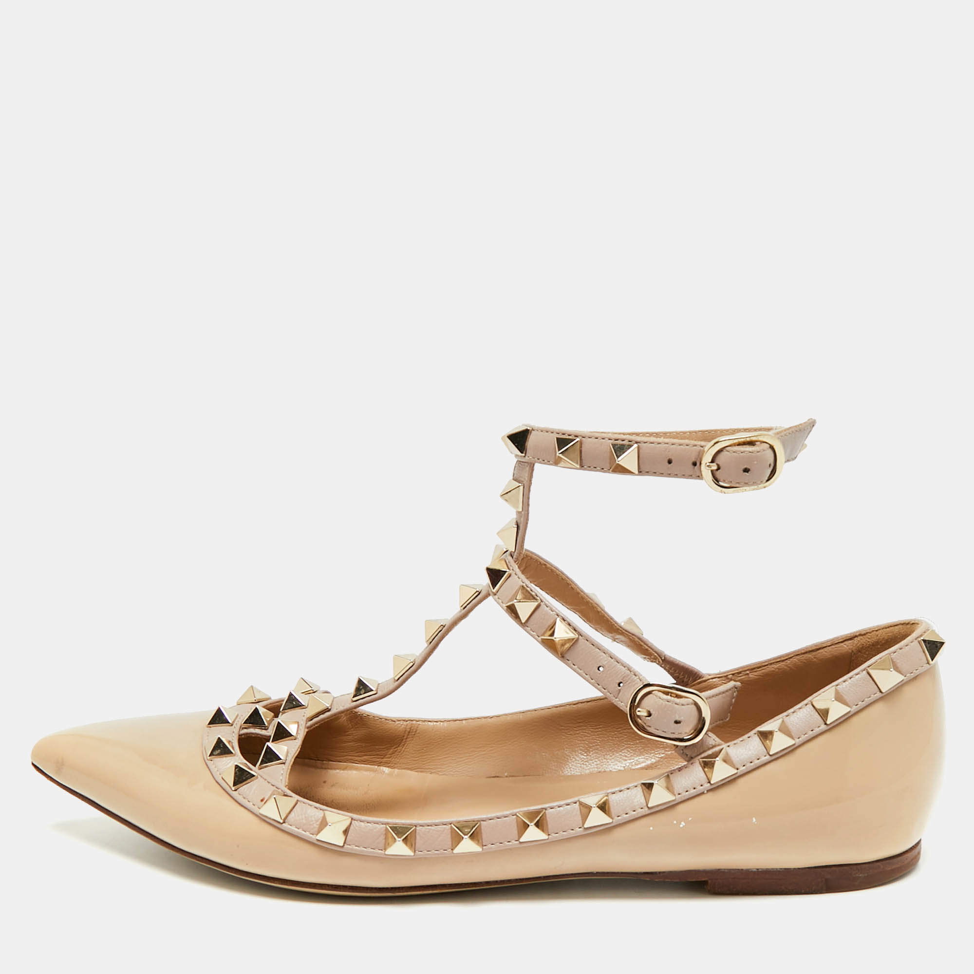 Pre Owned Valentino Rockstud Size 37 Beige Leather and Patent Leather Ballet Flats