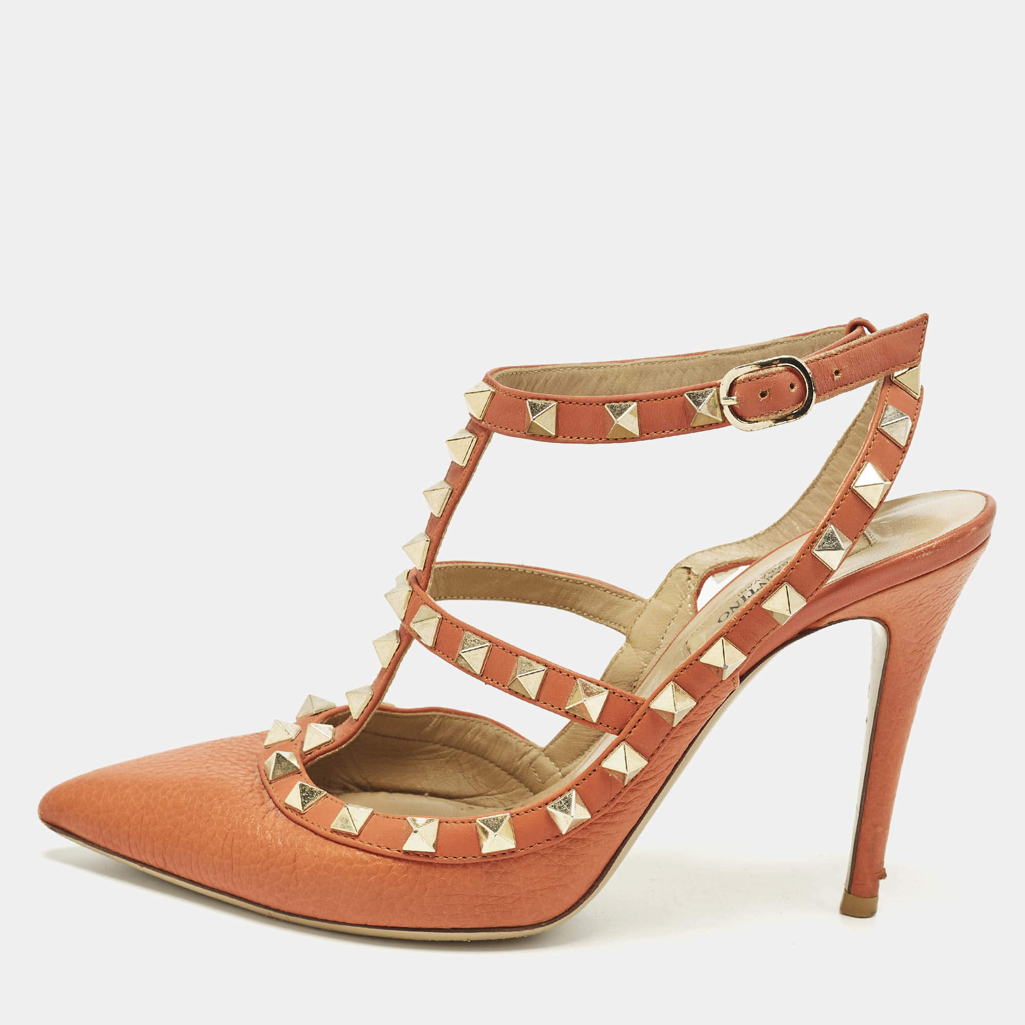 Pre Owned Valentino Rockstud Size 36.5 Orange Leather Ankle Strap Pumps