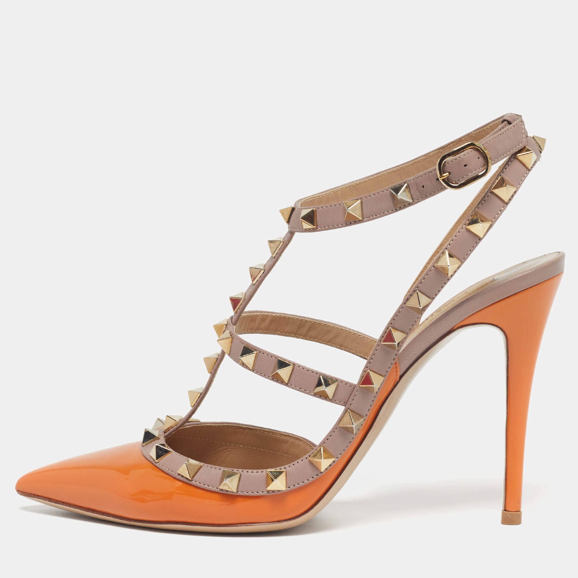 مملوكة مسبقًا Valentino Rockstud Size 39 Beige/Orange Leather and Patent Ankle Strap Pumps