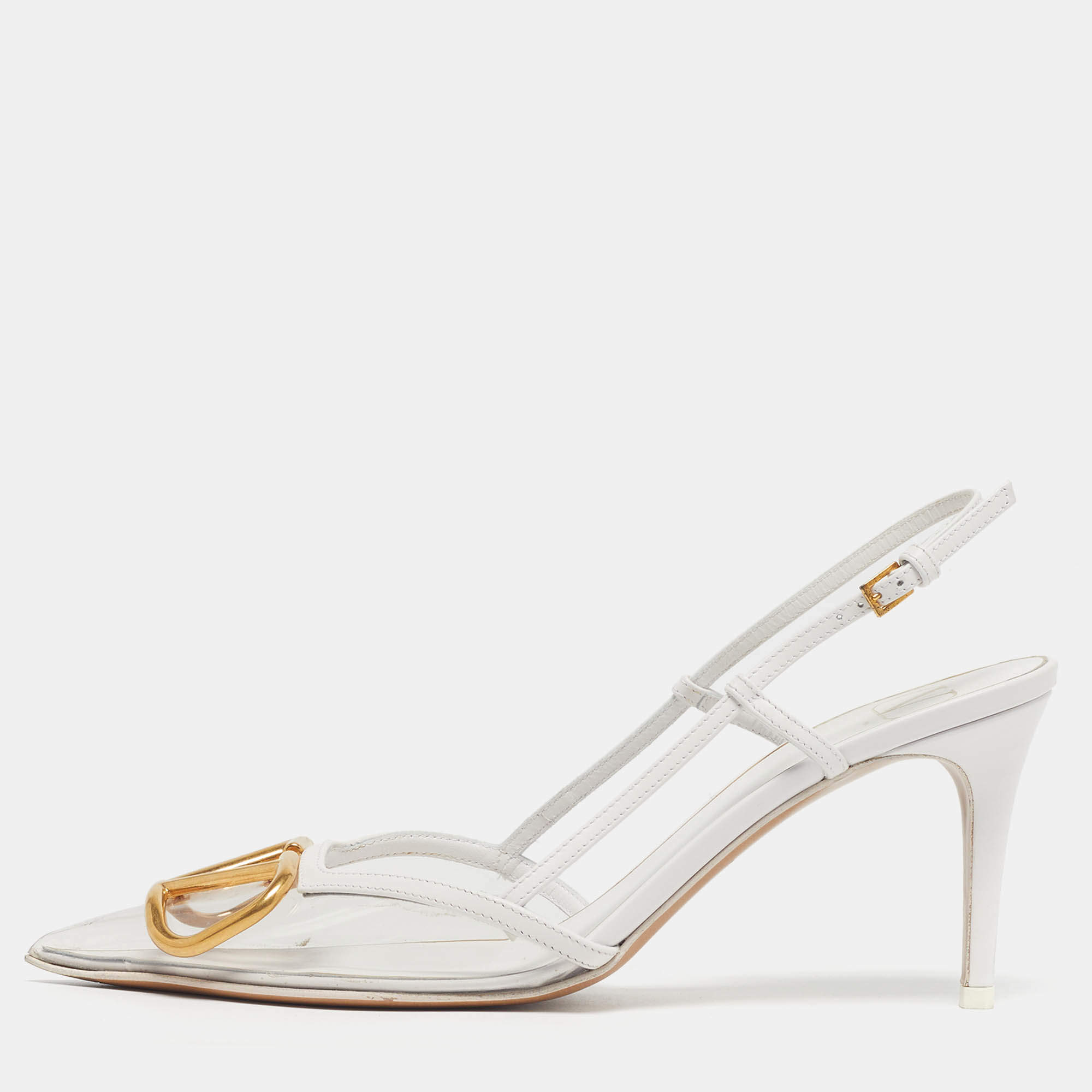 Pre Owned Valentino VLogo Size 38 White/Transparent Leather and PVC Slingback Pumps