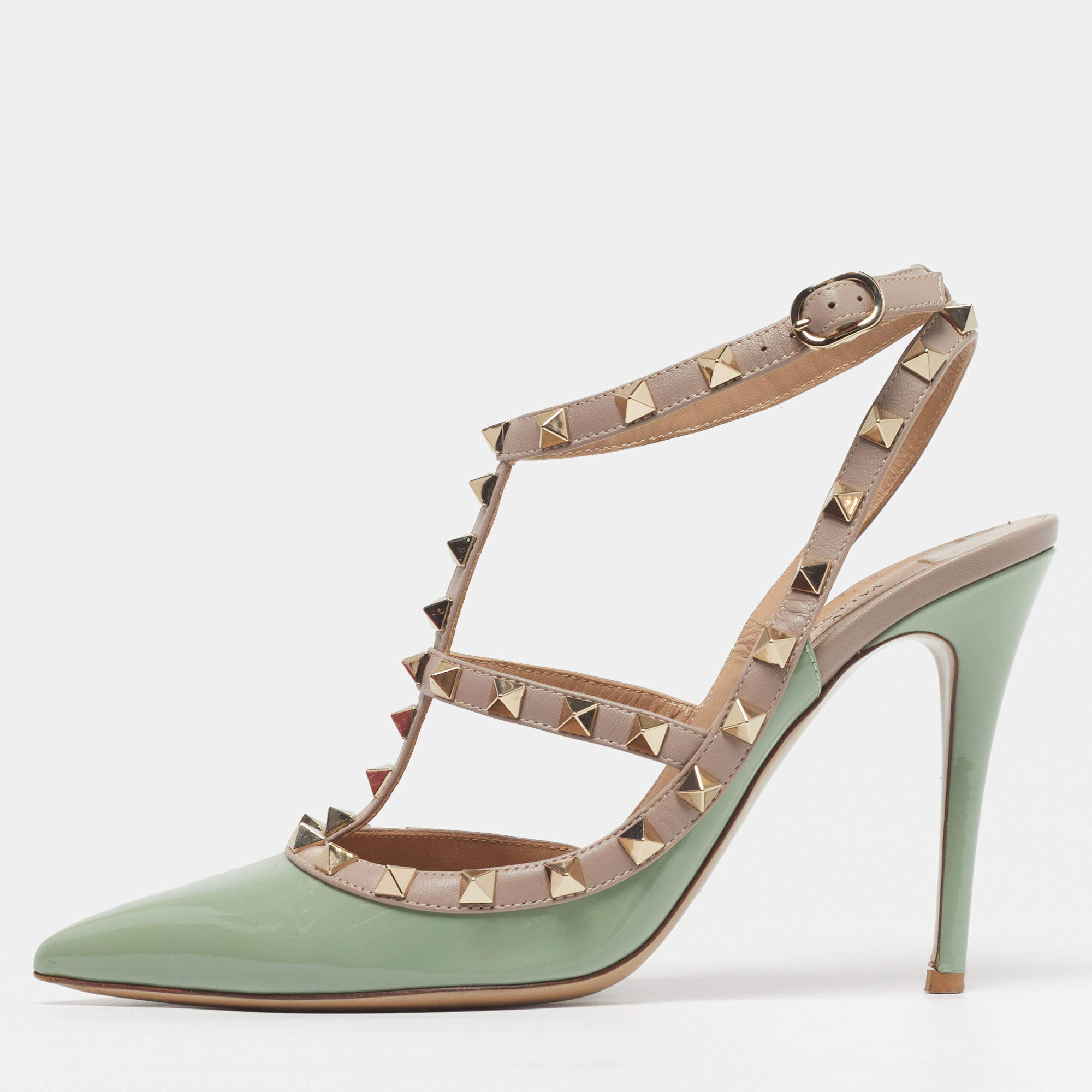Pre Owned Valentino Rockstud Caged Size 39 Green/Dusty Pink Patent and Leather Ankle Strap Pumps