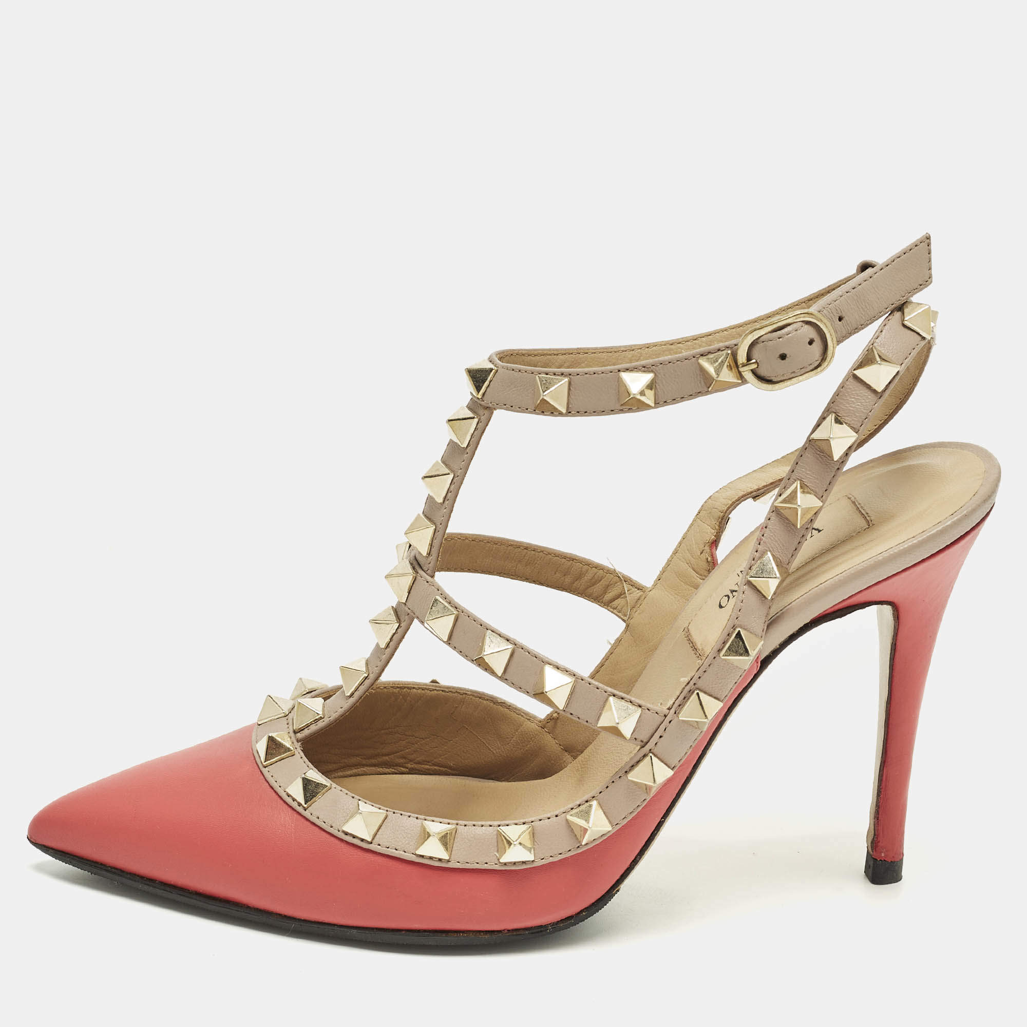 مملوكة مسبقًا Valentino Rockstud Size 36 Red/Beige Leather Caged Ankle Strap Pumps