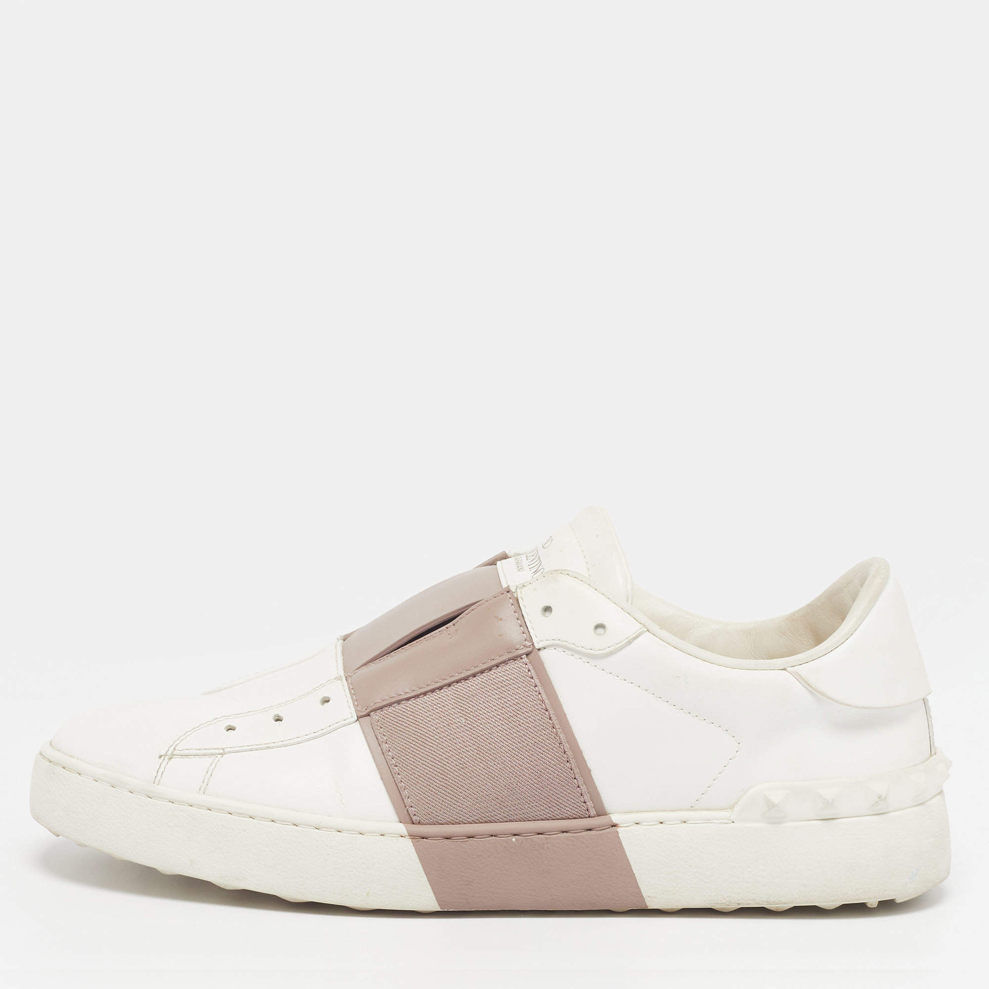 Pre Owned Valentino Rockstud Size 40 White/Beige Leather Low Top Sneakers