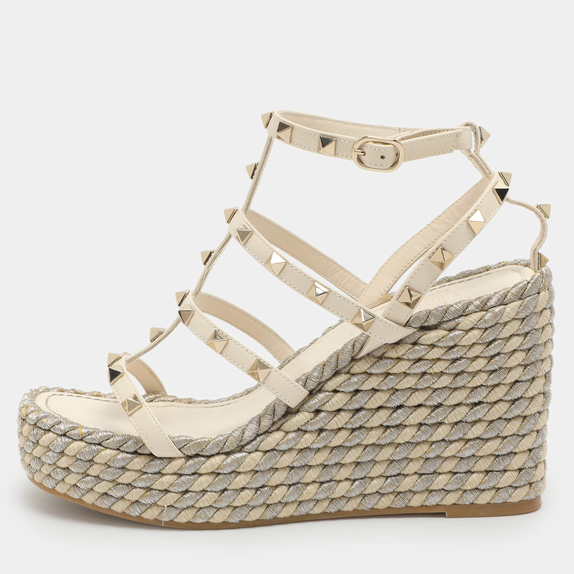 Pre Owned Valentino Rockstud Size 38 Off-White Leather Strappy Wedge Sandals