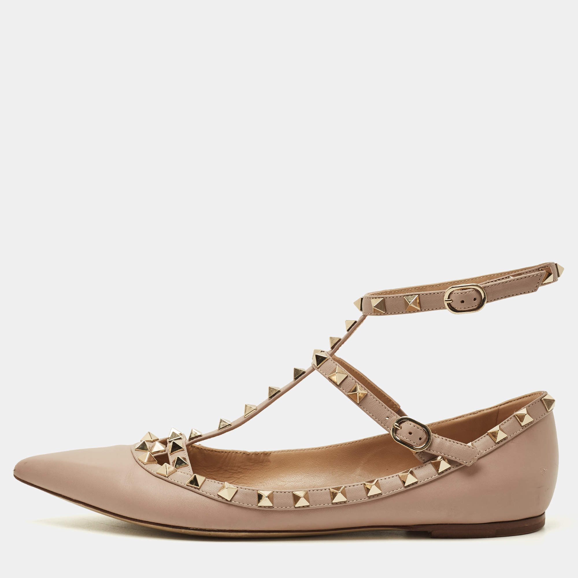 Pre Owned Valentino Rockstud Size 41 Beige Leather Ballet Flats