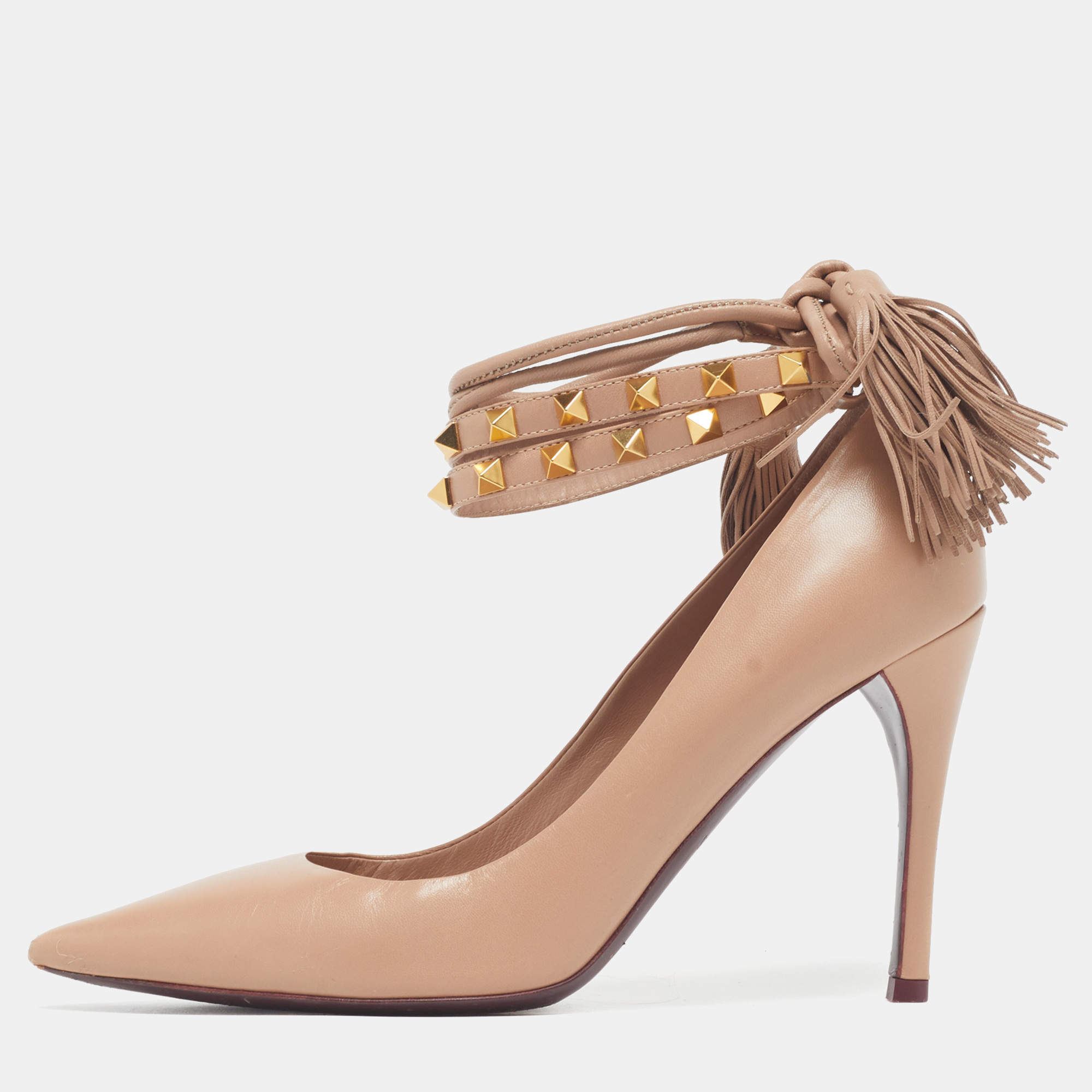 Pre Owned Valentino Rockstud Size 37.5 Beige Leather Ankle Wrap Tassel Pumps