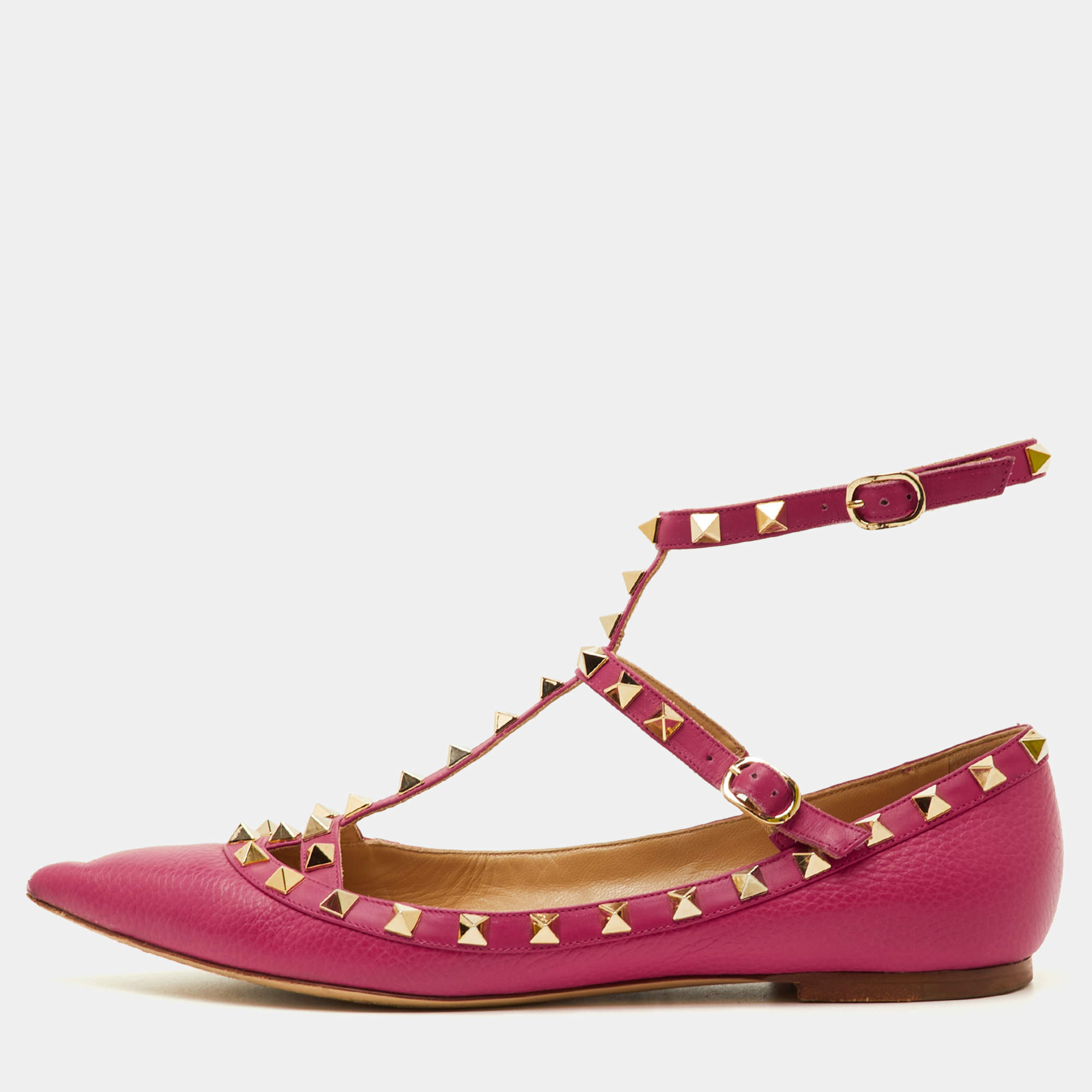 Pre Owned حذاء باليرينا فاتحة الكاحل فالنتينو فلات روكستد جلد وردي مقاس 39