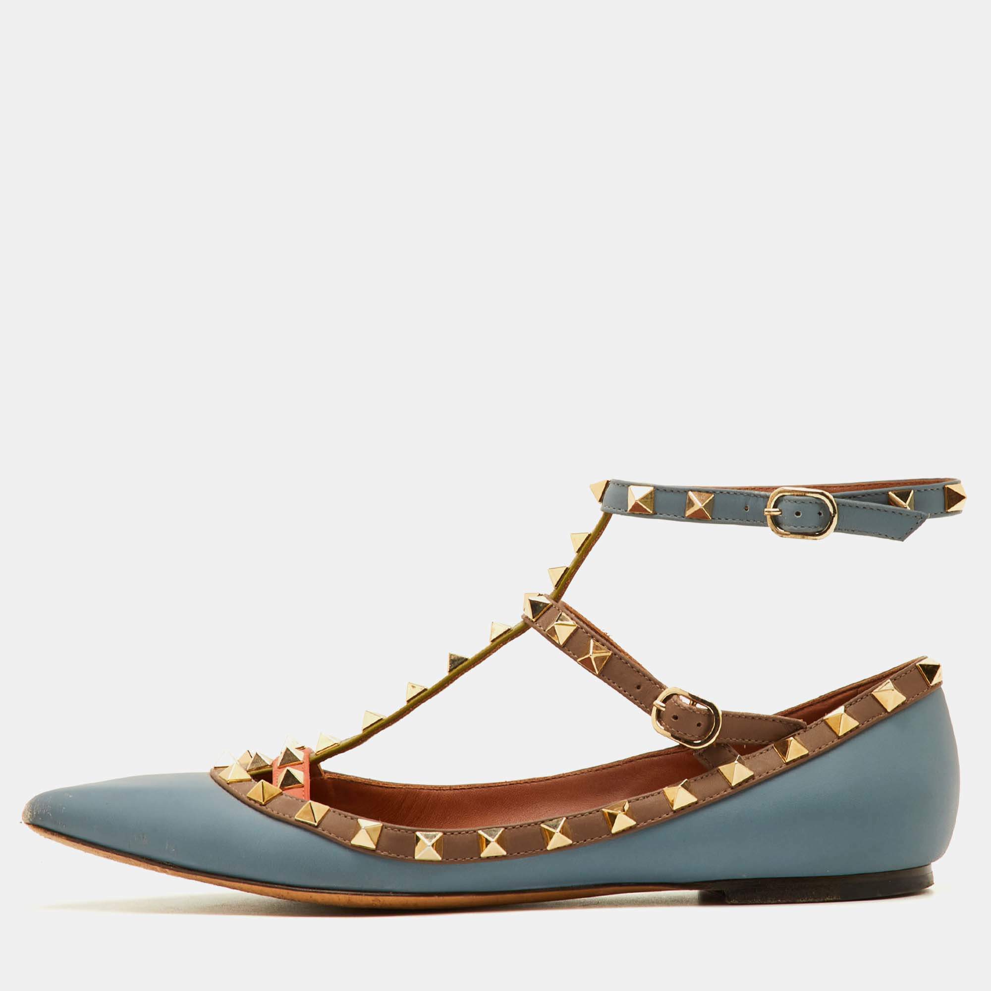 مملوكة مسبقًا Valentino Rockstud Size 39 Multicolor Leather Pointed Toe Ankle Strap Ballet Flats