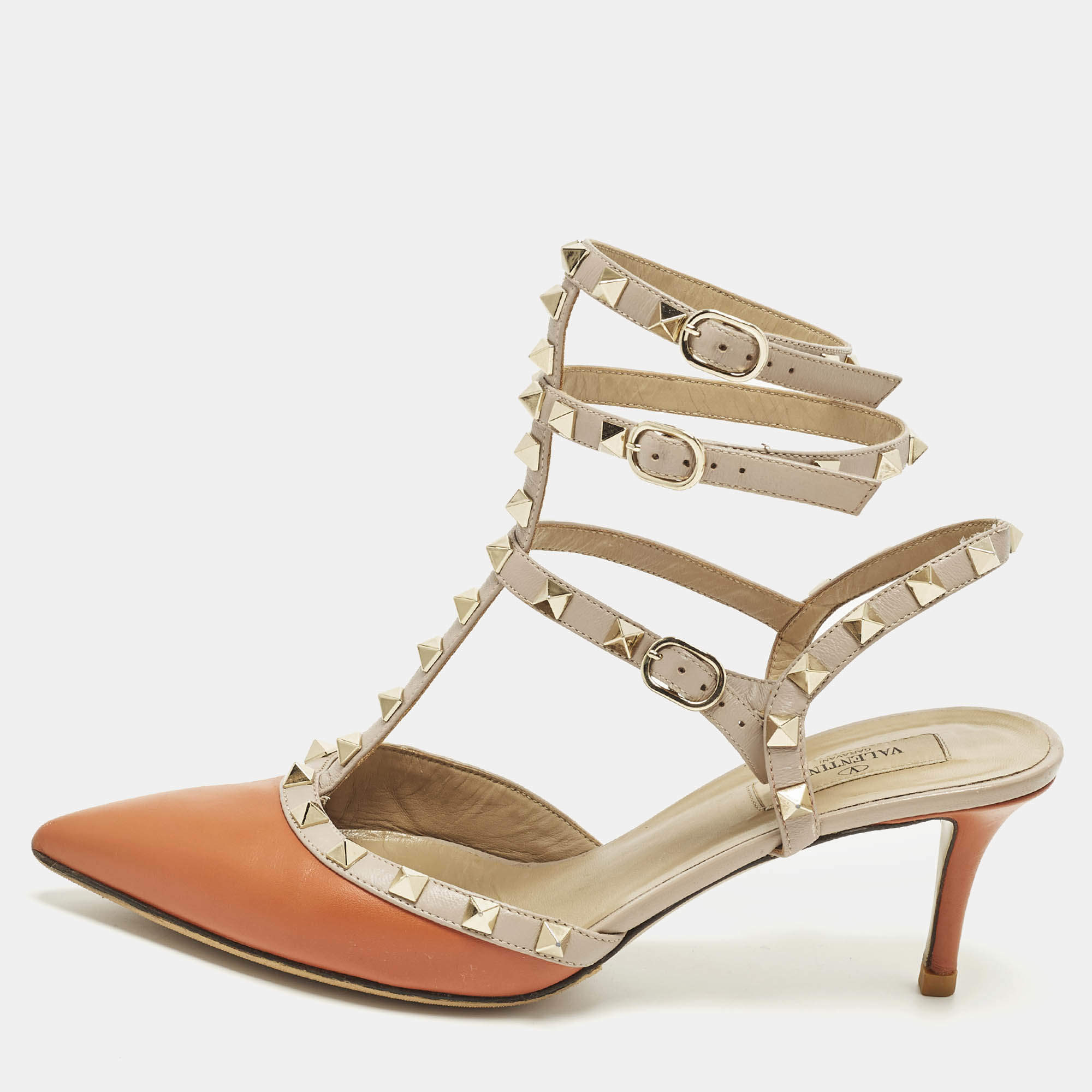 Pre Owned Valentino Rockstud Caged Size 40.5 Beige/Orange Leather Pumps