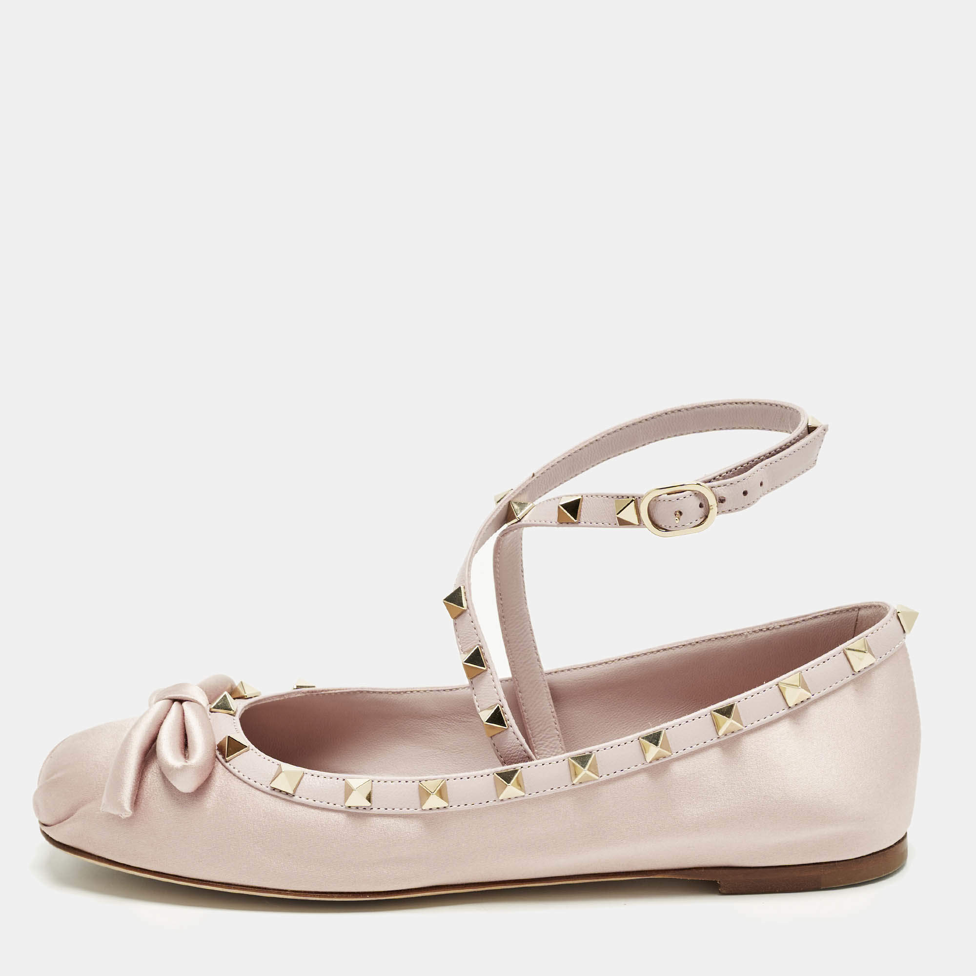 Pre Owned Valentino Rockstud Size 39 Pink Leather And Satin Ballet Flats