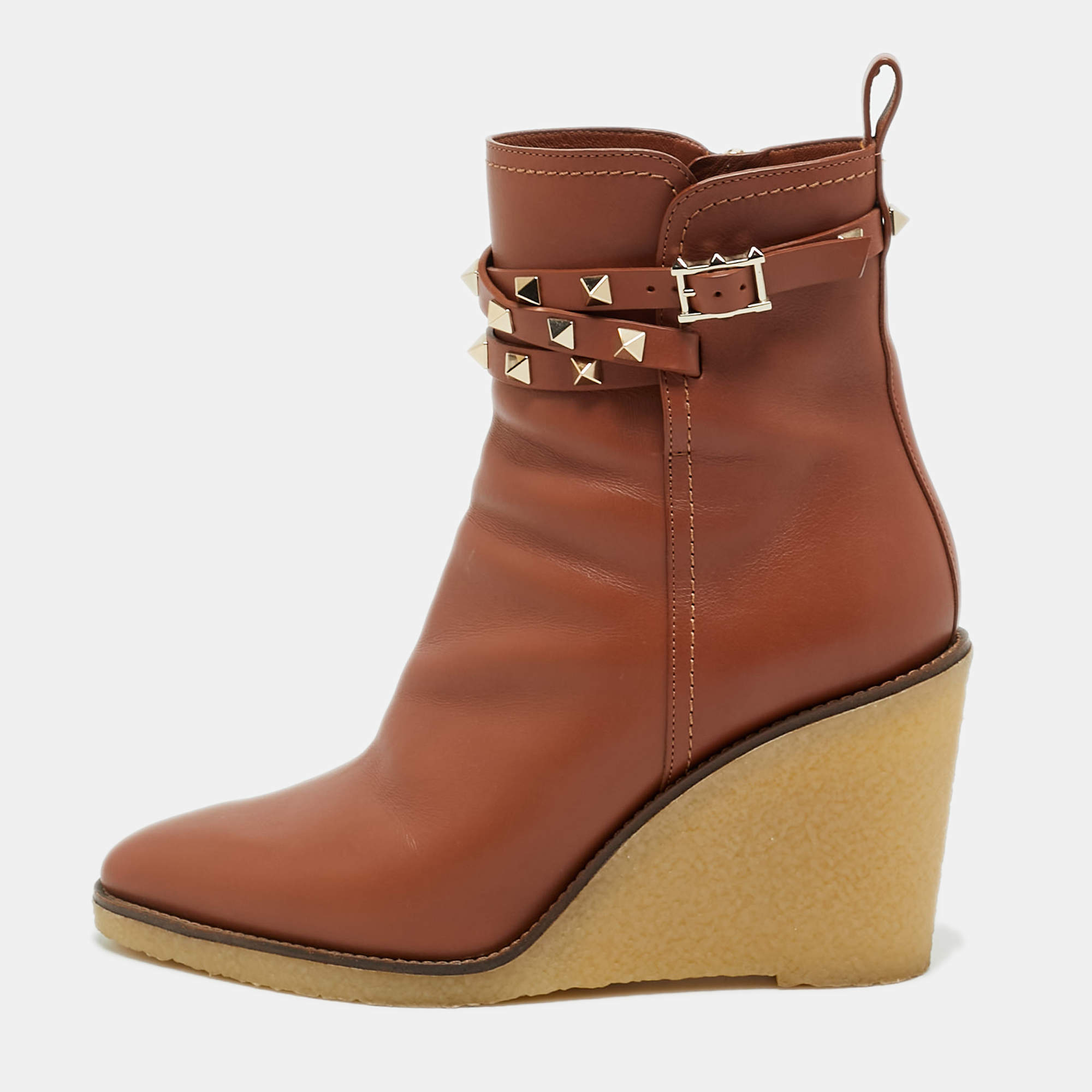 Pre Owned Valentino Rockstud Size 38 Brown Leather Ankle Length Boots