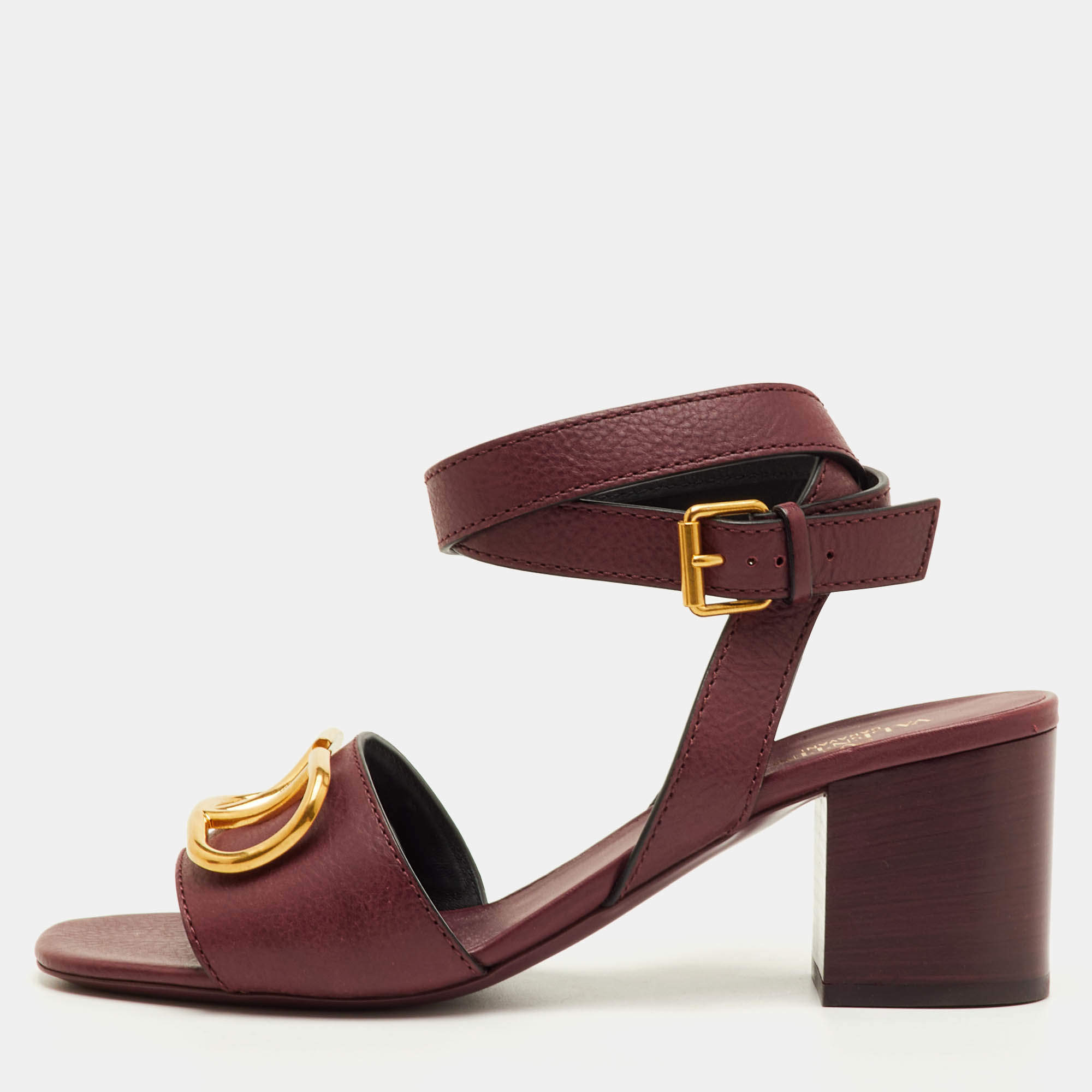 مملوكة مسبقًا Valentino VLogo Size 40 Burgundy Leather Block Heel Ankle Strap Sandals