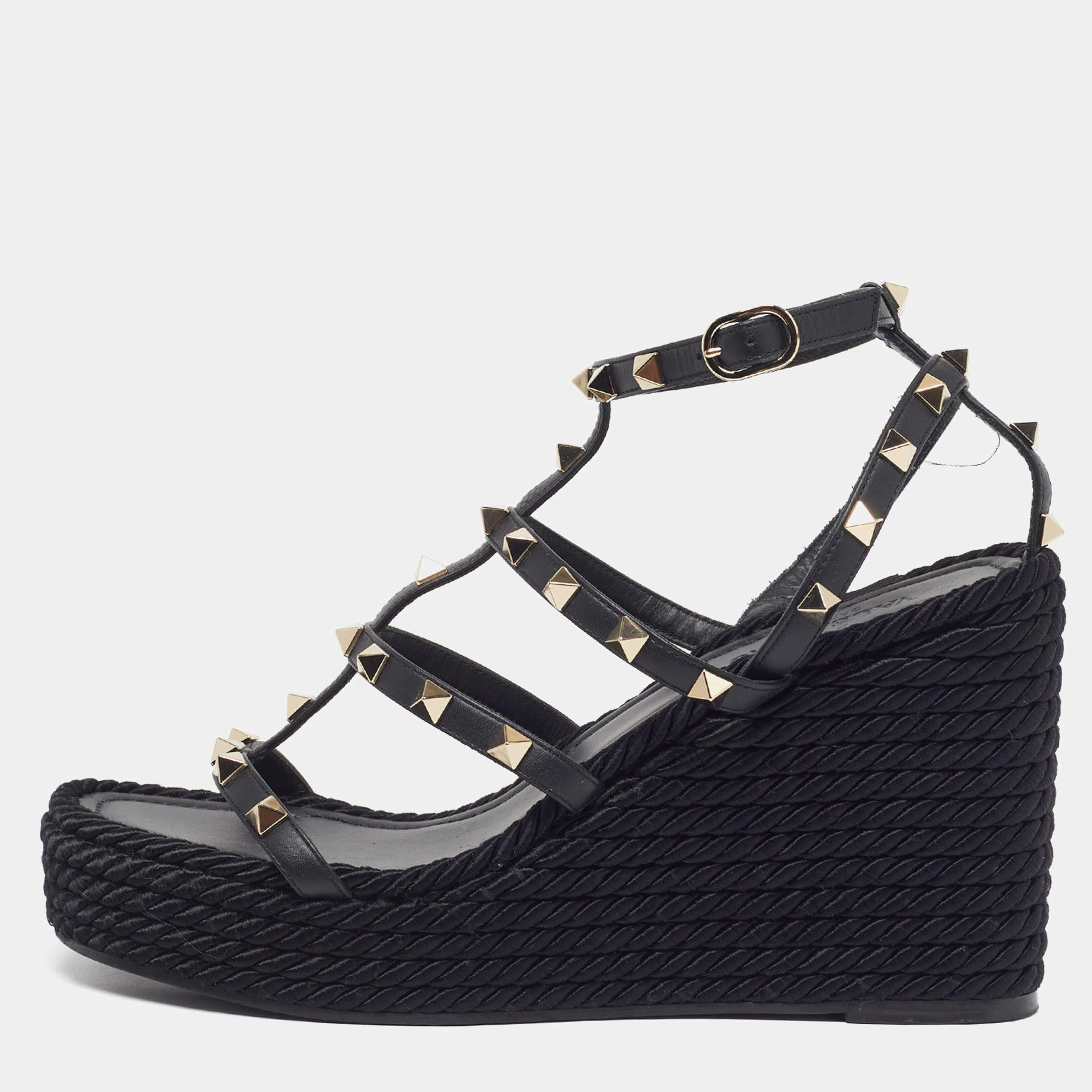 Pre Owned Valentino Torchon Size 38 Black Leather Wedge Sandals