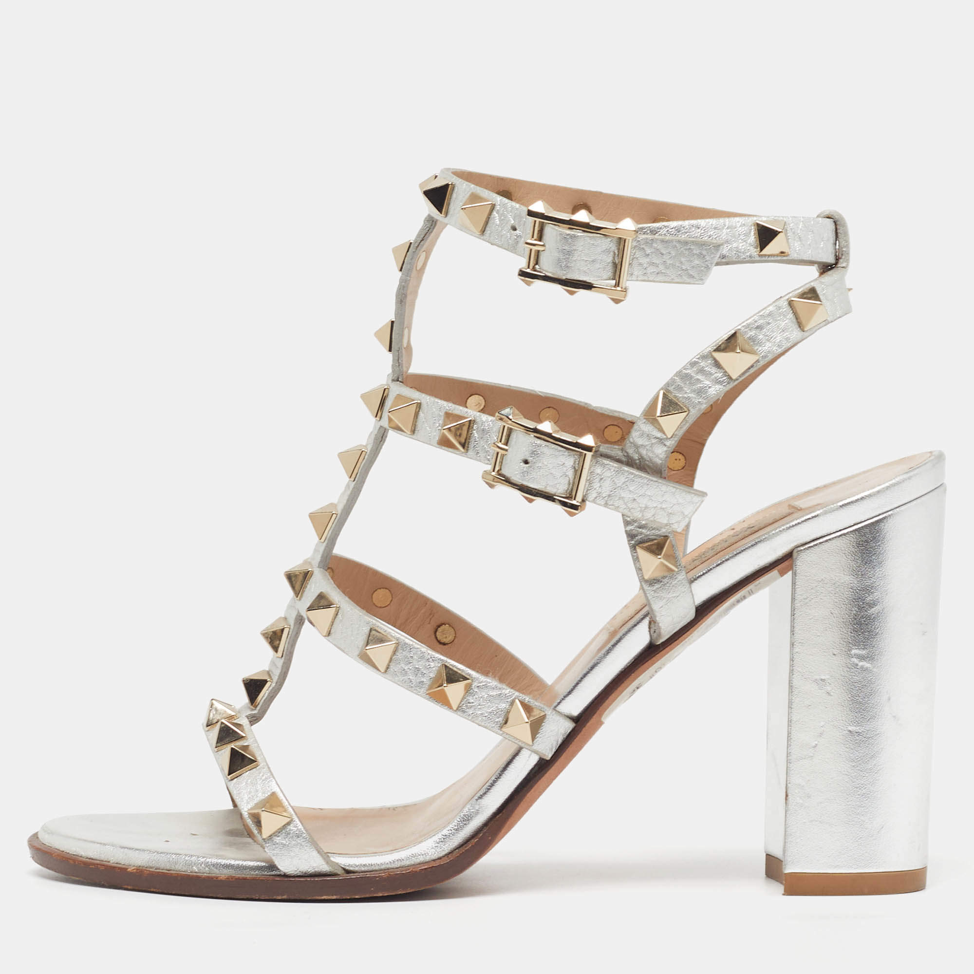مملوكة مسبقًا Valentino VLogo Size 36 Silver Leather Ankle Strap Sandals