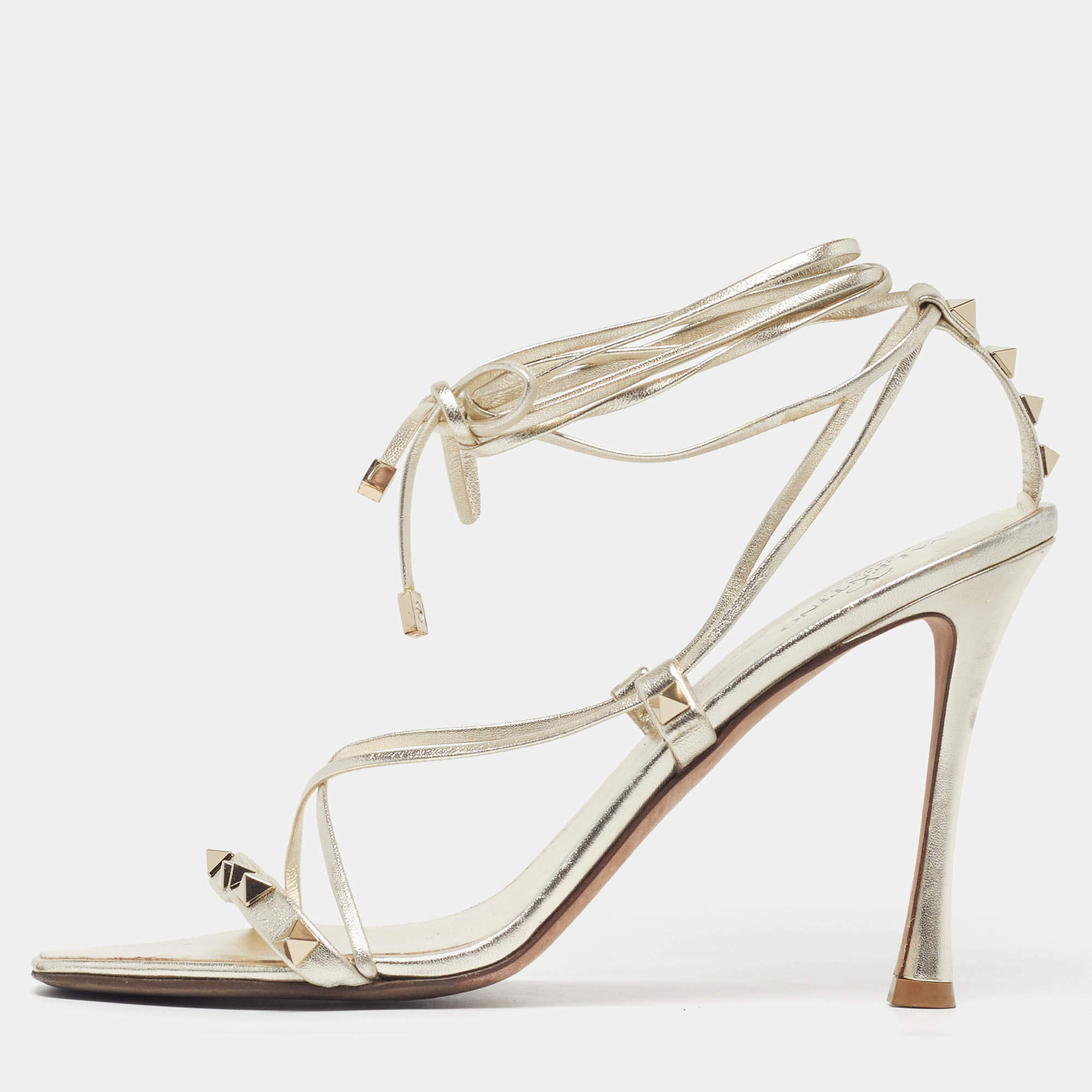 Pre Owned Valentino Rockstud Size 41 Gold Leather Ankle Tie Sandals