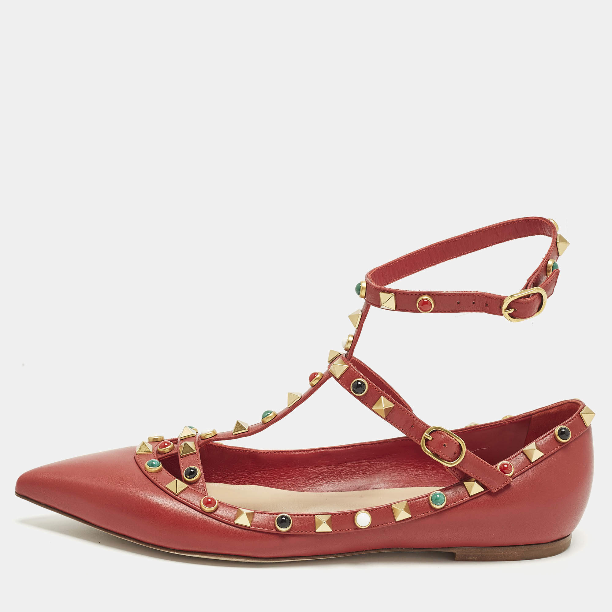 Pre Owned حذاء باليرينا فلات فالنتينو أحمر جلد مع حزام كاحل بمسامير مدلقة مقاس 39