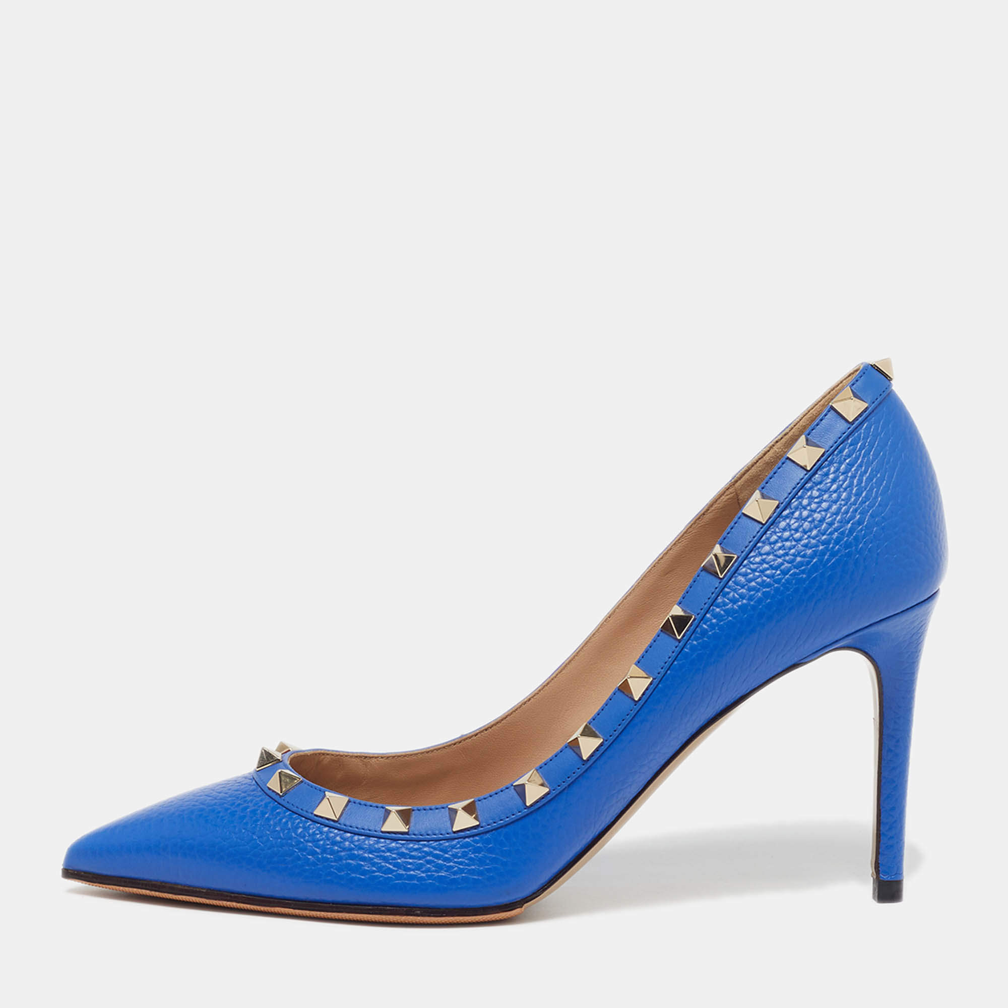 Pre Owned Valentino Rockstud Size 39 Blue Leather Pointed Toe Pumps