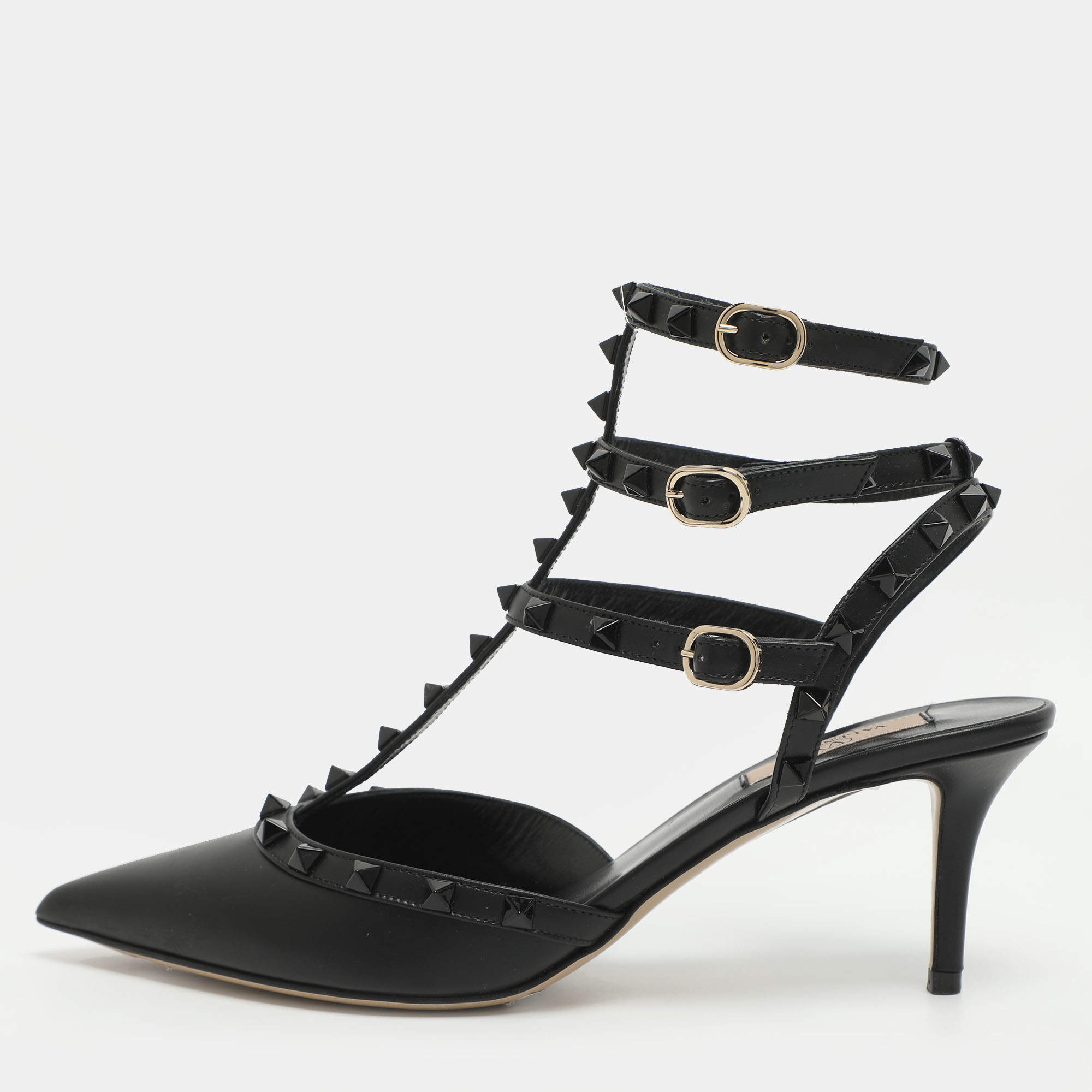 مملوكة مسبقًا Valentino Rockstud Size 41 Black Leather Ankle Strap Pumps
