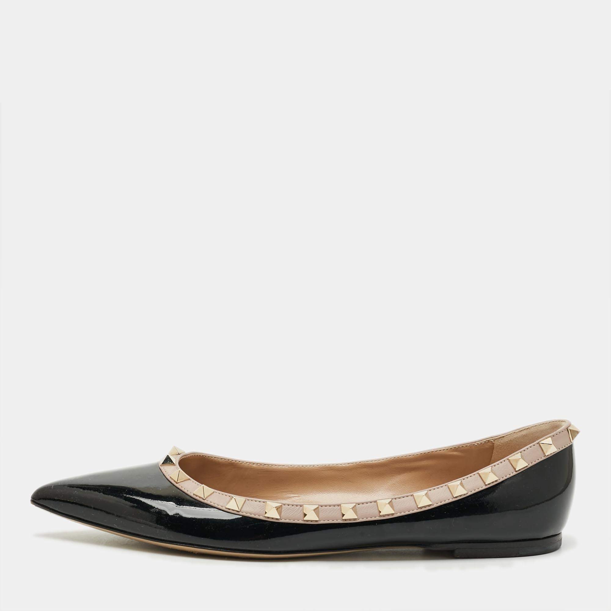 مملوكة مسبقًا أحذية باليرينا فالنتينو روكستد جلد وبَتَنت أسود مقاس 39.5