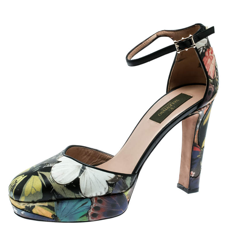 Pre Owned Valentino Multicolor Printed Leather Butterfly Ankle Strap Platform Pumps Size 39