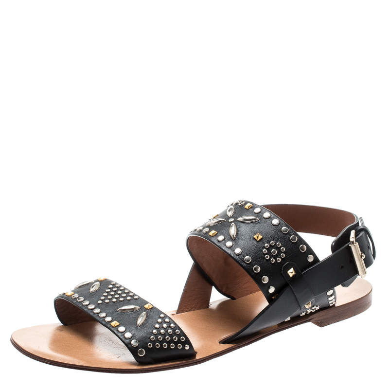 Pre Owned Valentino Black Embellished Leather Flat Sandals Size 37