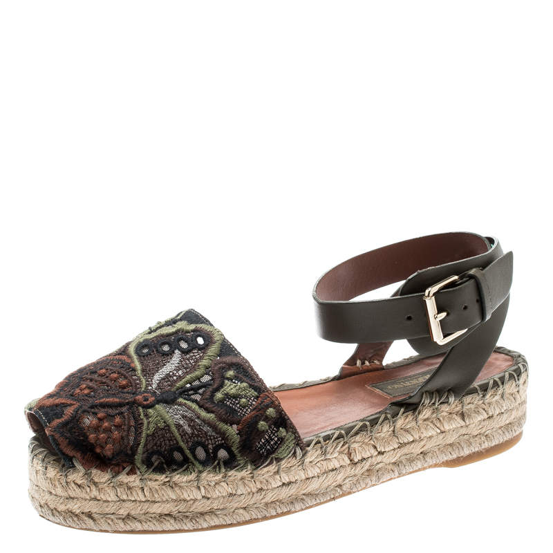 Valentino Olive Embroidered And Leather Ankle Strap Espadrille Sandals Size 36
