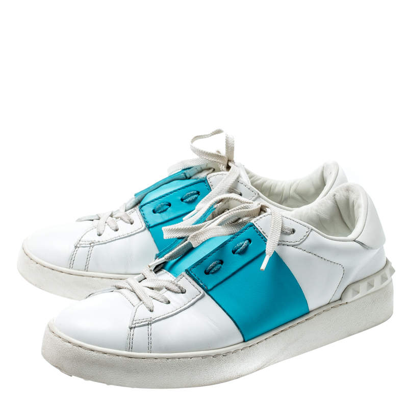 Valentino White And Blue Band Leather Open Low Top Sneakers Size 39 | TLC